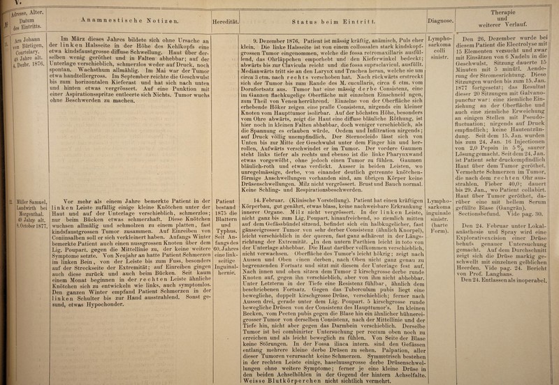 yrn Johann von Bärtigen, Courtelary. 49 Jahre alt. 4, Dezbr. 1876. Anamnestische Notizen. Im März dieses Jahres bildete sich ohne Ursache an der linken Halsseite in der Höhe des Kehlkopfs eine etwa kindsfaustgrosse diftuse Schwellung. Haut über der¬ selben wenig geröthet und in Falten abhebbar; auf der Unterlage verschieblich, schmerzlos weder auf Druck, noch spontan. W achsthum allmählig. Im Mai war der Tumor etwa handtellergross. Im September reichte die Geschwulst bis zum horizontalen Kieferast und hat sich nach unten und hinten etwas vergrössert. Auf eine Punktion mit einer Aspirationsspritze entleerte sich Nichts. Tumor wuchs ohne Beschwerden zu machen. Müller Samuel, Landwirth bei Morgenthal. 49 Jahre alt. 8. October 1877. Yor mehr als einem Jahre bemerkte Patient in der linken Leiste zufällig einige kleine Knötchen unter der Haut und auf der Unterlage verschieblich, schmerzlos; nur beim Bücken etwas schmerzhaft. Diese Knötchen wuchsen allmälig und schmolzen zu einem platten, fast kindsfaustgrossen Tumor zusammen. Auf Einreiben von Coniinsalben soll er sich verkleinert haben. Anfangs Winter bemerkte Patient auch einen nussgrossen Knoten über dem Lig. Poupart. gegen die Mittellinie zu, der keine weitere Symptome setzte. Yon Neujahr an hatte Patient Schmerzen im linken Bein, von der Leiste bis zum Fuss, besonders auf der Streckseite der Extremität; auf Einreiben gingen auch diese zurück und auch beim Bücken. Seit kaum einem Monat beginnen in der rechten Leiste ähnliche Knötchen sich zu entwickeln wie links, auch symptomlos. Den ganzen Winter empfand Patient Schmerzen in dei linken Schulter bis zur Hand ausstrahlend. Sonst ge¬ sund, etwas Hypochonder. Heredität. Patient bestand 1875 die Blattern und Typhus. Seit An¬ fangs des 60. Jahres eine link¬ seitige Inguinal¬ hernie. Status beim Eintritt. Diagnose. Therapie und weiterer Yerlauf. 9. Dezember 1876. Patient ist mässig kräftig, anämisch, Puls eher klein. Die linke Halsseite ist von einem collossalen stark kindskopf¬ grossen Tumor eingenommen, welche die fossa retromaxillaris auslül- lend, das Ohrläppchen emporhebt und den Kieferwinkel bedeckt; abwärts bis zur Clavicula reicht und die fossa supraclavicul. ausfüllt. Medianwärts tritt sie an den Larynx und Trachea heran, welche sie um circa 3 ctm. nach rechts verschoben hat. Nach rückwärts erstreckt sich der Tumor bis zum Rande des M. cucullaris, circa 6 ctm. vom Dornfortsatz aus. Tumor hat eine mässig derbe Consistenz, eine im Ganzen flachkugelige Oberfläche mit einzelnen Einschneid ngen, zum Theil von Yenen herrührend. Einzelne von der Oberfläche sich erhebende Höker zeigen eine pralle Consistenz, nirgends ein kleiner Knoten vom Haupttumor isolirbar. Auf der höchsten Höhe, besonders vom Ohre abwärts, zeigt die Haut eine diffuse bläuliche Röthung, ist hier noch in kleinen Falten abhebbar, doch weniger verschieblich, als die Spannung es erlauben würde. Oedem und Infiltration nirgends; auf Druck völlig unempfindlich. Der Sternocleido lässt sich von Unten bis zur Mitte der Geschwulst unter dem Finger hin und her¬ rollen, Aufwärts verschwindet er im Tumor. Der vordere Gaumen steht links tiefer als rechts und ebenso ist die linke Pharynxwand etwas vorgewölbt, ohne jedoch einen Tumor zu fühlen. Gaumen bläulich-roth und etwas verdickt. Ausser in beiden Leisten, wo unregelmässige, derbe, von einander deutlich getrennte knötchen¬ förmige Anschwellungen vorhanden sind, am übrigen Körper keine Drüsenschwellungen. Milz nicht vergrössert. Brust und Bauch normal. Keine Schling- und Respirationsbeschwerden. 14. Februar. (Klinische Yorstellung). Patient hat einen kräftigen Körperbau, gut genährt, etwas blass, keine nachweisbare Erkrankung innerer Organe. Milz nicht vergrössert. In der linken Leiste, nicht ganz bis zum Lig. Poupart. hinaufreichend, so ziemlich mitten auf dem Gef assbündel sitzend, befindet sich ein halbkugeliclier, fast gänseeigrosser Tumor von sehr derber Consistenz (ähnlich Knorpel), leicht verschieblich in der queren, fast ganz adliärent in der Längs¬ richtung der Extremität. *In den untern Parthien leicht in toto von der Unterlage abhebbar. Die Haut darüber vollkommen verschieblich, nicht verwachsen. Oberfläche des Tumor’s leicht hökrig ; zeigt nach Aussen und Oben einen derben, nach Oben nicht ganz genau zu begrenzenden Fortsatz und sitzt mit diesem der Unterlage fest auf. Nach innen und oben sitzen dem Tumor 2 kirschgrosse derbe runde Knoten auf, gegen ihn verschieblich, aber von ihm nicht abhebbar. Unter Letzterm in der Tiefe eine Resistenz fühlbar, ähnlich dem beschriebenen Fortsatz. Gegen das Tuberculum pubis liegt eine bewegliche, doppelt kirschgrosse Drüse, verschieblich; ferner nach Aussen drei, gerade unter dem Lig. Poupart. 5 kirschgrosse runde bewegliche Drüsen von der Consistenz des Haupttumor’s. Im kleinen Becken, vom Pecten pubis gegen die Blase hin ein ähnlicher hühnerei¬ grosser Tumor von derselben Consistenz, nach der Mittellinie und der Tiefe hin, nicht aber gegen das Darmbein verschieblich. Derselbe Tumor ist bei combinirter Untersuchung per rectum oben noch zu erreichen und als leicht beweglich zu fühlen. Yon Seite der Blase keine Störungen. In der Fossa iliaca intern, sind den Gefässen entlang mehrere kleine derbe Drüsen zu sehen. Palpation, aller dieser Tumoren verursacht keine Schmerzen. Symmetrisch bestehen in der rechten Leiste einige, haselnussgrosse derbe Drüsenschwel¬ lungen ohne weitere Symptome; ferner je eine kleine Drüse in den beiden Achselhöhlen in der Gegend der hintern Achselfalte. Weisse Blutkörperchen nicht sichtlich vermehrt. Lympho- sarkoma colli sinistr. Lvmpho- sarkoma inguinale sinistr. (harte Form). -- Den 26. Dezember wurde bei diesem Patient die Electrolyse mit 15 Elementen versucht und zwar mit Einsätzen von 6 Nadeln in die Geschwulst. Sitzung dauerte 15 Minuten mit 5 minütl. Aende- rung der Stromesrichtung. Diese Sitzungen wurden bis zum 15. Jan. 1877 fortgesetzt; das Resultat dieser 20 Sitzungen mit Galvano-i punefur war: eine ziemliche Ein¬ ziehung an der Oberfläche und auch eine ziemliche Erweichung an einigen Stellen mit Pseudo-! fluctuation; nirgends auf Druck | empfindlich; keine Hautentzün¬ dung. Seitdem 15. Jan. wurden bis zum 24. Jan. 16 Injectionen von 2,0 Pepsin in 5 % saurer Lösung gemacht. Seit dem 24. Jan. ist Patient sehr druckempfindlich Haut über dem Tumor geröthet. Yermehrte Schmerzen im Tumor, die nach dem rechten Ohr aus¬ strahlen. Fieber 40,0; dauert j bis 29. Jan., wo Patient collabirt. Haut über Tumor geröthet, da¬ rüber eine mit hellem Serum gefüllte Blase (Gangrän). Sectionsbefund. Yide pag. 30. Den 24. Februar unter Lokal¬ anästhesie und Spray wird eine Explorativexcision einer Drüse behufs genauer Untersuchung gemacht. Auf dem Durchschnitt zeigt sich die Drüse markig ge¬ schwellt mit einzelnen gelblichen Heerden. Yide pag. 24. Bericht von Prof. Langhans. j Den 24. Entlassen als inoperabel.