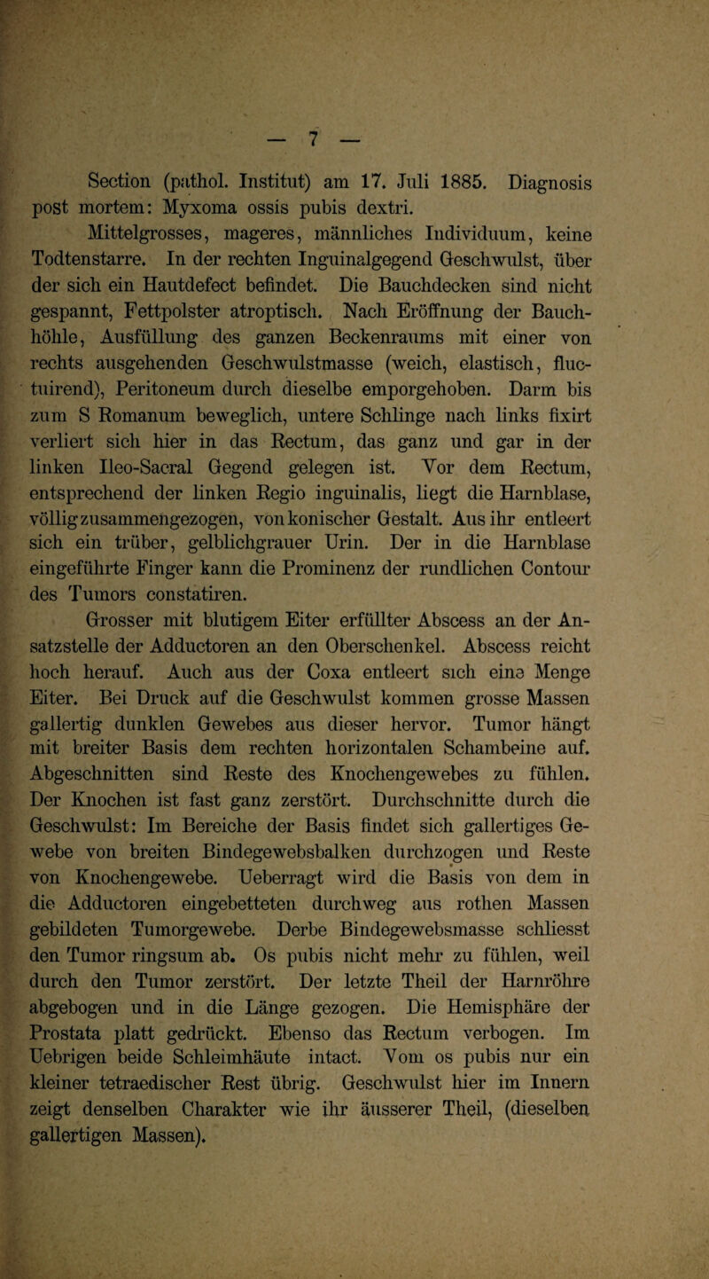 Section (pathol. Institut) am 17. Juli 1885. Diagnosis post mortem: Myxoma ossis pubis dextri. Mittelgrosses, mageres, männliches Individuum, keine Todtenstarre. In der rechten Inguinalgegend Geschwulst, über der sich ein Hautdefect befindet. Die Bauchdecken sind nicht gespannt, Fettpolster atroptisch. Nach Eröffnung der Bauch¬ höhle, Ausfüllung des ganzen Beckenraums mit einer von rechts ausgehenden Geschwulstmasse (weich, elastisch, fluc- tuirend), Peritoneum durch dieselbe emporgehoben. Darm bis zum S Bomanum beweglich, untere Schlinge nach links fixirt verliert sich hier in das Rectum, das ganz und gar in der linken Ileo-Sacral Gegend gelegen ist. Yor dem Rectum, entsprechend der linken Regio inguinalis, liegt die Harnblase, völlig zusammengezogen, von konischer Gestalt. Aus ihr entleert sich ein trüber, gelblichgrauer Urin. Der in die Harnblase eingeführte Finger kann die Prominenz der rundlichen Contour des Tumors constatiren. Grosser mit blutigem Eiter erfüllter Abscess an der An¬ satzstelle der Adductoren an den Oberschenkel. Abscess reicht hoch herauf. Auch aus der Coxa entleert sich eine Menge Eiter. Bei Druck auf die Geschwulst kommen grosse Massen gallertig dunklen Gewebes aus dieser hervor. Tumor hängt mit breiter Basis dem rechten horizontalen Schambeine auf. Abgeschnitten sind Reste des Knochengewebes zu fühlen. Der Knochen ist fast ganz zerstört. Durchschnitte durch die Geschwulst: Im Bereiche der Basis findet sich gallertiges Ge¬ webe von breiten Bindegewebsbalken durchzogen und Reste von Knochengewebe. Ueberragt wird die Basis von dem in die Adductoren eingebetteten durchweg aus rothen Massen gebildeten Tumorgewebe. Derbe Bindegewebsmasse schliesst den Tumor ringsum ab. Os pubis nicht mehr zu fühlen, weil durch den Tumor zerstört. Der letzte Theil der Harnröhre abgebogen und in die Länge gezogen. Die Hemisphäre der Prostata platt gedrückt. Ebenso das Rectum verbogen. Im Uebrigen beide Schleimhäute intact. Yom os pubis nur ein kleiner tetraedischer Rest übrig. Geschwulst hier im Innern zeigt denselben Charakter wie ihr äusserer Theil, (dieselben gallertigen Massen).