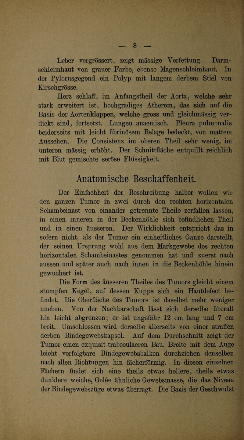 Leber vergrössert, zeigt massige Verfettung. Darm¬ schleimhaut von grauer Farbe, ebenso Magenschleimhaut. In der Pylorusgegend ein Polyp mit langem derbem Stiel von Kirschgrösse. Herz schlaff, im Anfangstheil der Aorta, welche sehr stark erweitert ist, hochgradiges Atherom, das sich auf die Basis der Aortenklappen, welche gross und gleichmässig ver¬ dickt sind, fortsetzt. Lungen anaemisch. Pleura pulmonalis beiderseits mit leicht fibrinösem Belage bedeckt, von mattem Aussehen. Die Consistenz im oberen Theil sehr wenig, im unteren massig erhöht. Der Schnittfläche entquillt reichlich mit Blut gemischte seröse Flüssigkeit. Anatomische Beschaffenheit. Der Einfachheit der Beschreibung halber wollen wir den ganzen Tumor in zwei durch den rechten horizontalen Schambeinast von einander getrennte Theile zerfallen lassen, in einen inneren in der Beckenhöhle sich befindlichen Theil und in einen äusseren. Der Wirklichkeit entspricht das in sofern nicht, als der Tumor ein einheitliches Glanze darstellt, der seinen Ursprung wohl aus dem Markgewebe des rechten horizontalen Schambeinastes genommen hat und zuerst nach aussen und später auch nach innen in die Beckenhöhle hinein gewuchert ist. Die Form des äusseren Theiles des Tumors gleicht einem stumpfen Kegel, auf dessen Kuppe sich ein Hautdefect be¬ findet. Die Oberfläche des Tumors ist daselbst mehr weniger uneben. Von der Nachbarschaft lässt sich derselbe überall hin leicht abgrenzen; er ist ungefähr 12 cm lang und 7 cm breit. Umschlossen wird derselbe allerseits von einer straffen derben Bindegewebskapsel. Auf dem Durchschnitt zeigt der Tumor einen exquisit trabeculaeren Bau. Breite mit dem Auge leicht verfolgbare Bindegewebsbalken durchziehen denselben nach allen Richtungen hin fächerförmig. In diesen einzelnen Fächern findet sich eine theils etwas hellere, theils etwas dunklere weiche, Gelee ähnliche Gewebsmasse, die das Niveau der Bindegewebszüge etwas überragt. Die Basis der Geschwulst