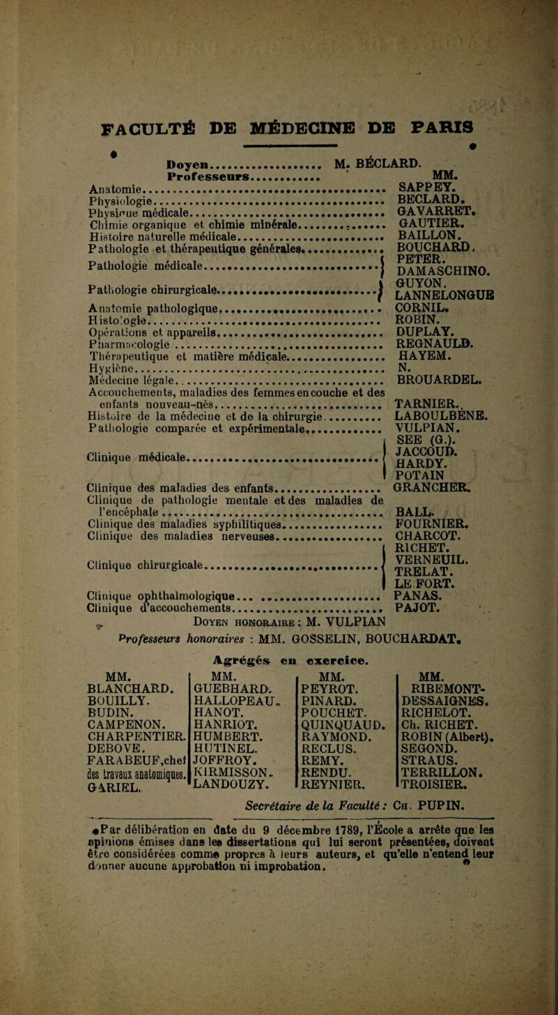 Doyen.. M. BÉCLARD, Professeurs. MM. Anatomie.. SAPPEY. Physiologie.... BECLARD. Physique médicale. GAV ARRET. Chimie organique et chimie minérale... GAUTIER. Histoire naturelle médicale. BAILLON. Pathologie et thérapeutique générales. .. BOUCHARD. f PffTlfR Pathologie médicale.J daMASCHINO. Pathologie chirurgicale.j laNNELONGUE Anatomie pathologique............ . CORNIL. Histologie. ROBIN. Opérations et appareils. DUPLAY. Pharmacologie... REGNAULB. Thérapeutique et matière médicale. HAYEM. Hygiène.... N. Médecine légale. BROUARDEL. Accouchements, maladies des femmes en couche et des enfants nouveau-nés. TARNIER., Histoire de la médecine et de la chirurgie.. LABOULBENE. Pathologie comparée et expérimentale. VULPIAN. | SEE (G.). Clinique médicale.I aarj)Y' I POT A IN* Clinique des maladies des enfants. GRANCHER. Clinique de pathologie mentale et des maladies de l’encéphale... BALL. Clinique des maladies syphilitiques. FOURNIER. Clinique des maladies nerveuses. CHARCOT. RICHET. Clinique chirurgicale. VERNEUIL. TRELAT. LE FORT. PANAS. PAJOT. Clinique ophthalmologique... .. Clinique d’accouchements. Doyen honoraire : M. YULPIAN Professeurs honoraires : MM. GOSSELIN, BOUCHARDAT. Agrégés- en exercice. 9* MM. BLANCHARD. BOUILLY. BUDIN. CAMPENON. CHARPENTIER. DEBOVE. FARABEUF,chet des travaux anatomiques. GARIEL. MM. RIBEMONT- DESSAIGNES. RICHELOT. Ch. RICHET. ROBIN (Albert). SEGOND. STRAUS. TERRILLON. TROISIER. Secrétaire delà Faculté: Ch. PUPIN. MM. MM. GUEBHARD. PEYROT. HALLOPEAU» PINARD. HANOT. POUCHET. HANRIOT. QUINQUAUD. HUMBERT. RAYMOND. HUTINEL. RECLUS. JOFFROY. REMY. KIRMISSON. RENDU. LANDOUZY. REYNIER. «Par délibération en date du 9 décembre 1789, l’École a arrête que les opinions émises dans le» dissertations qui lui seront présentées, doivent être considérées comme propres à leurs auteurs, et qu’elle n’entend leur donner aucune approbation ni improbation. n