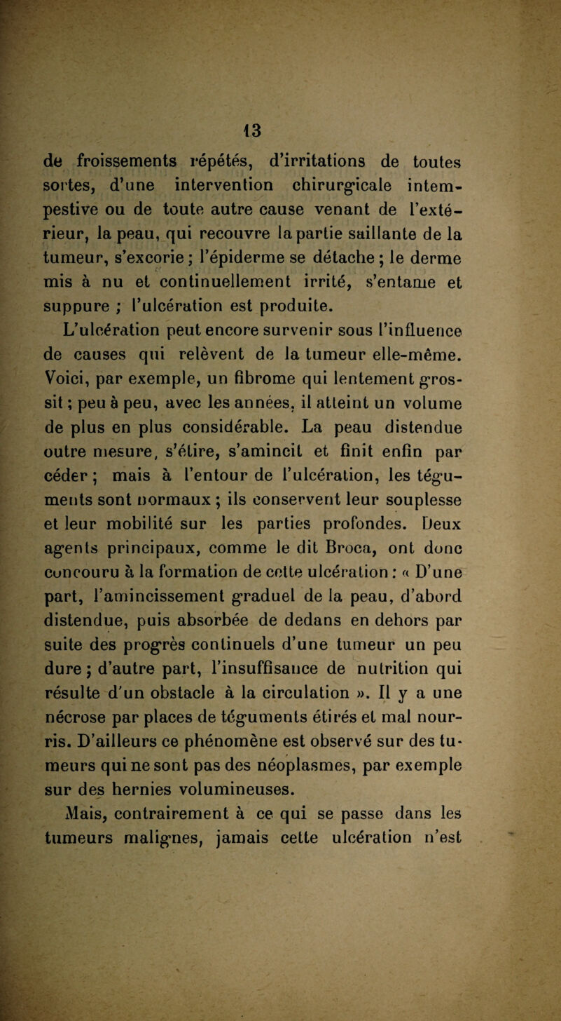 de froissements répétés, d’irritations de toutes sortes, d’une intervention chirurgicale intem¬ pestive ou de toute autre cause venant de l’exté¬ rieur, la peau, qui recouvre la partie saillante de la tumeur, s’excorie ; l’épiderme se détache ; le derme mis à nu et continuellement irrité, s’entame et suppure ; l’ulcération est produite. L’ulcération peut encore survenir sous l’influence de causes qui relèvent de la tumeur elle-même. Voici, par exemple, un fibrome qui lentement gros¬ sit ; peu à peu, avec les années, il atteint un volume de plus en plus considérable. La peau distendue outre mesure, s’étire, s’amincit et finit enfin par céder; mais à l’entour de l’ulcération, les tégu¬ ments sont normaux ; ils conservent leur souplesse et leur mobilité sur les parties profondes. Deux agents principaux, comme le dit Broca, ont donc cuncouru à la formation de cette ulcération : « D’une part, l’amincissement graduel de la peau, d’abord distendue, puis absorbée de dedans en dehors par suite des progrès continuels d’une tumeur un peu dure; d’autre part, l’insuffisance de nutrition qui résulte d'un obstacle à la circulation ». Il y a une nécrose par places de téguments étirés et mal nour¬ ris. D’ailleurs ce phénomène est observé sur des tu* meurs qui ne sont pas des néoplasmes, par exemple sur des hernies volumineuses. Mais, contrairement à ce qui se passe dans les tumeurs malignes, jamais cette ulcération n’est