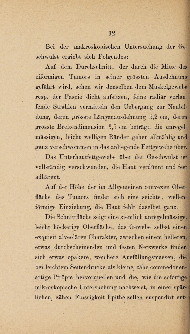 Bei der makroskopischen Untersuchung der Ge¬ schwulst ergiebt sich Folgendes: Auf dem Durchschnitt, der durch die Mitte des eiförmigen Tumors in seiner grössten Ausdehnung geführt wird, sehen wir denselben dem Muskelgewebe resp. der Fascie dicht aufsitzen, feine radiär verlau¬ fende Strahlen vermitteln den Uebergang zur Neubil¬ dung, deren grösste Längenausdehnung 5,2 cm, deren grösste Breitendimension 3,7 cm beträgt, die unregel¬ mässigen, leicht willigen Ränder gehen allmählig und ganz verschwommen in das anliegende Fettgewebe über. Das Unterhautfettgewebe über der Geschwulst ist vollständig verschwunden, die Haut \erdiinnt und fest adhärent. Auf der Höhe der im Allgemeinen convexen Ober¬ fläche des Tumors findet sich eine seichte, wellen¬ förmige Einziehung, die Haut fehlt daselbst ganz. Die Schnittfläche zeigt eine ziemlich unregelmässige, leicht höckerige Oberfläche, das Gewebe selbst einen exquisit alveolären Charakter, zwischen einem helleren, etwas durchscheinenden und festen Netzwerke finden sich etwas opakere, weichere Ausfüllungsmassen, die i ' I bei leichtem Seitendrucke als kleine, zähe commedonen- i 1 artige Pfropfe hervorquellen und die, wie die sofortige ; mikroskopische Untersuchung nachweist, in einer spär- i liehen, zähen Flüssigkeit Epithelzellen suspendirt ent-