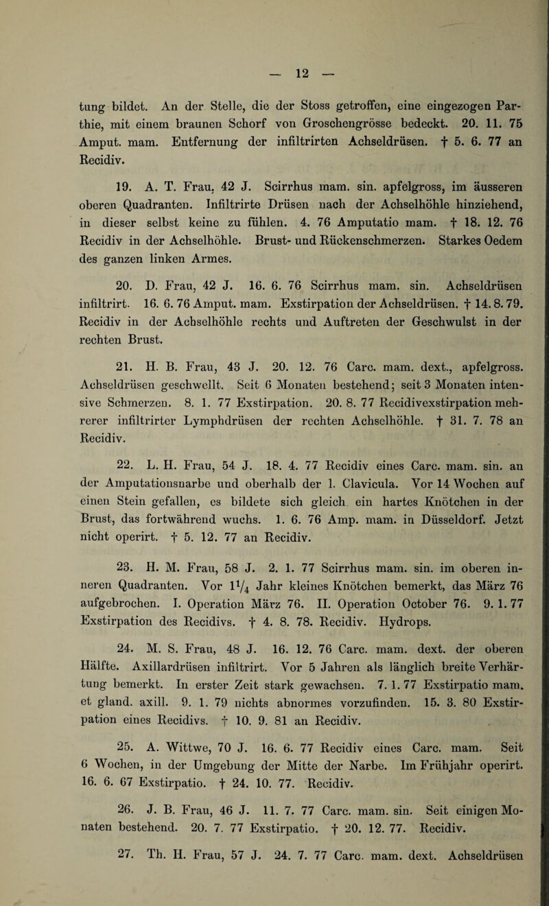 tung bildet. An der Stelle, die der Stoss getroffen, eine eingezogen Par- thie, mit einem braunen Scborf von Groschengrösse bedeckt. 20. 11. 75 Amput. mam. Entfernung der infiltrirten Achseldrüsen, f 5. 6. 77 an Recidiv. 19. A. T. Frau, 42 J. Scirrhus mam. sin. apfelgross, im äusseren oberen Quadranten. Infiltrirte Drüsen nach der Achselhöhle hinziehend, in dieser selbst keine zu fühlen. 4. 76 Amputatio mam. f 18. 12. 76 Recidiv in der Achselhöhle. Brust- und Rückenschmerzen. Starkes Oedem des ganzen linken Armes. 20. D. Frau, 42 J. 16. 6. 76 Scirrhus mam. sin. Achseldrüsen infiltrirt. 16. 6. 76 Amput. mam. Exstirpation der Achseldrüsen, f 14.8. 79. Recidiv in der Achselhöhle rechts und Auftreten der Geschwulst in der rechten Brust. 21. H. B. Frau, 43 J. 20. 12. 76 Care. mam. dext., apfelgross. Achseldrüsen geschwellt. Seit 6 Monaten bestehend; seit 3 Monaten inten¬ sive Schmerzen. 8. 1. 77 Exstirpation. 20.8. 77 Recidivexstirpation meh¬ rerer infiltrirter Lymphdrüsen der rechten Achselhöhle, f 31. 7. 78 an Recidiv. 22. L. H. Frau, 54 J. 18. 4. 77 Recidiv eines Care. mam. sin. an der Amputationsnarbe und oberhalb der 1. Clavicula. Yor 14 Wochen auf einen Stein gefallen, es bildete sich gleich ein hartes Knötchen in der Brust, das fortwährend wuchs. 1. 6. 76 Amp. mam. in Düsseldorf. Jetzt nicht operirt. f 5. 12. 77 an Recidiv. 23. H. M. Frau, 58 J. 2. 1. 77 Scirrhus mam. sin. im oberen in¬ neren Quadranten. Yor D/4 Jahr kleines Knötchen bemerkt, das März 76 aufgebrochen. I. Operation März 76. II. Operation October 76. 9. 1. 77 Exstirpation des Recidivs. f 4. 8. 78. Recidiv. Hydrops. 24. M. S. Frau, 48 J. 16. 12. 76 Care. mam. dext. der oberen Hälfte. Axillardrüsen infiltrirt. Yor 5 Jahren als länglich breite Verhär¬ tung bemerkt. In erster Zeit stark gewachsen. 7. 1. 77 Exstirpatio mam. et gland. axill. 9. 1. 79 nichts abnormes vorzufinden. 15. 3. 80 Exstir¬ pation eines Recidivs. f 10. 9. 81 an Recidiv. 25. A. Wittwe, 70 J. 16. 6. 77 Recidiv eines Care. mam. Seit 6 Wochen, in der Umgebung der Mitte der Narbe. Im Frühjahr operirt. 16. 6. 67 Exstirpatio. f 24. 10. 77. Recidiv. 26. J. B. Frau, 46 J. 11. 7. 77 Care. mam. sin. Seit einigen Mo¬ naten bestehend. 20. 7. 77 Exstirpatio. f 20. 12. 77. Recidiv. 27. Th. II. Frau, 57 J. 24. 7. 77 Care. mam. dext. Achseldrüsen