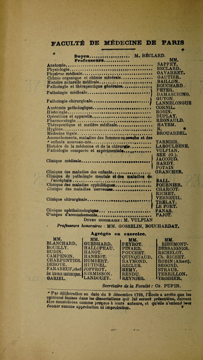 FACULTÉ DE MÉDECINE DE PARIS ■ ■- * Doyen...... M. BÉCLARD. Professeurs. MM. Anatomie. SAPP EY. Physiologie.... BECLARD. Physique médicale..•••••••••••. DAVARRET* Chimie organique et chimie minérale.. ;. GAUTIER. Histoire naturelle médicale.. BAILLON. P athologie et thérapeutique générales.. BOUCHARD, Pathologie médicale.j dâêSsCHINO. Pathologie chirurgicale. | LANNELONGUE Anatomie pathologique....•••••••*••••••••••..... CORNIL. Histologie... ROBIN. Opérations et appareils.......... DUPLAY. Pharmacologie... REGNAULD. Thérapeutique et matière médicale... HAYEM. H ygiene.......................................... N. ^ Médecine légale. BROUARDEL. Accouchements, maladies des femmes encouche et des 'enfants nouveau-nés... TARNIER., Histoire de la médecine et de la chirurgie.... LABOULBENE. Pathologie comparée et expérimentale.,,,,........ VULPIAN. SEE (G.). Clinique médicale...»••••••••••«•••••••. HARDY' * POT AIN* Clinique des maladies des enfants... GRANCHER. Clinique de pathologie mentale et des maladies de l’encéphale .....,. BALL. Clinique des maladies syphilitiques. FOURNIER, clinique des maladies nerveuses.••••••••••*••••.. CHARCOT. RICHET. VERNEUIL. TRELAT. LE FORT. Clinique ophthalmologique... ... PANAS. C inique d’accouchements......................... PAJOT, Doyen honoraire : M. VULPIAN Professeurs honoraires : MM. GOSSELIN, BOUCHARDAT. Agrégés en exercice. Clinique chirurgicale. MM. BLANCHARD. BOUILLY. BUDIN. CAMPENON. CHARPENTIER. DEBOVE. FAR ABEUF,chef des travaux anatomiques. GARIEL. MM. RIBEMONT- DESSAIGNES. RICHELOT. Ch. RICHET. ROBIN (Albert). SEGOND. STRAUS. TERRILLON. TROISIER. Secrétaire delà Faculté: Ch, PUPIN. MM. MM. GUEBHARD. PEYROT. HALLOPEAU. PINARD. HANOT. POUCHET. HANRIOT. QUINQUAUD. HUMBERT. RAYMOND. HUTINEL. RECLUS. JOFFROY. REMY. KIRMISSON. RENDU. LANDOUZY. REYNIER. Par délibération en date du 9 décembre 1789, l’Ecole a arrête que les opinions emises dans le» dissertations qui' lui seront présentées* doivent •tro considérées comme propres à leurs auteurs, et qu’elle n’entend U»uc oomaer aucune approbation ni improbation. ' ff -C-V