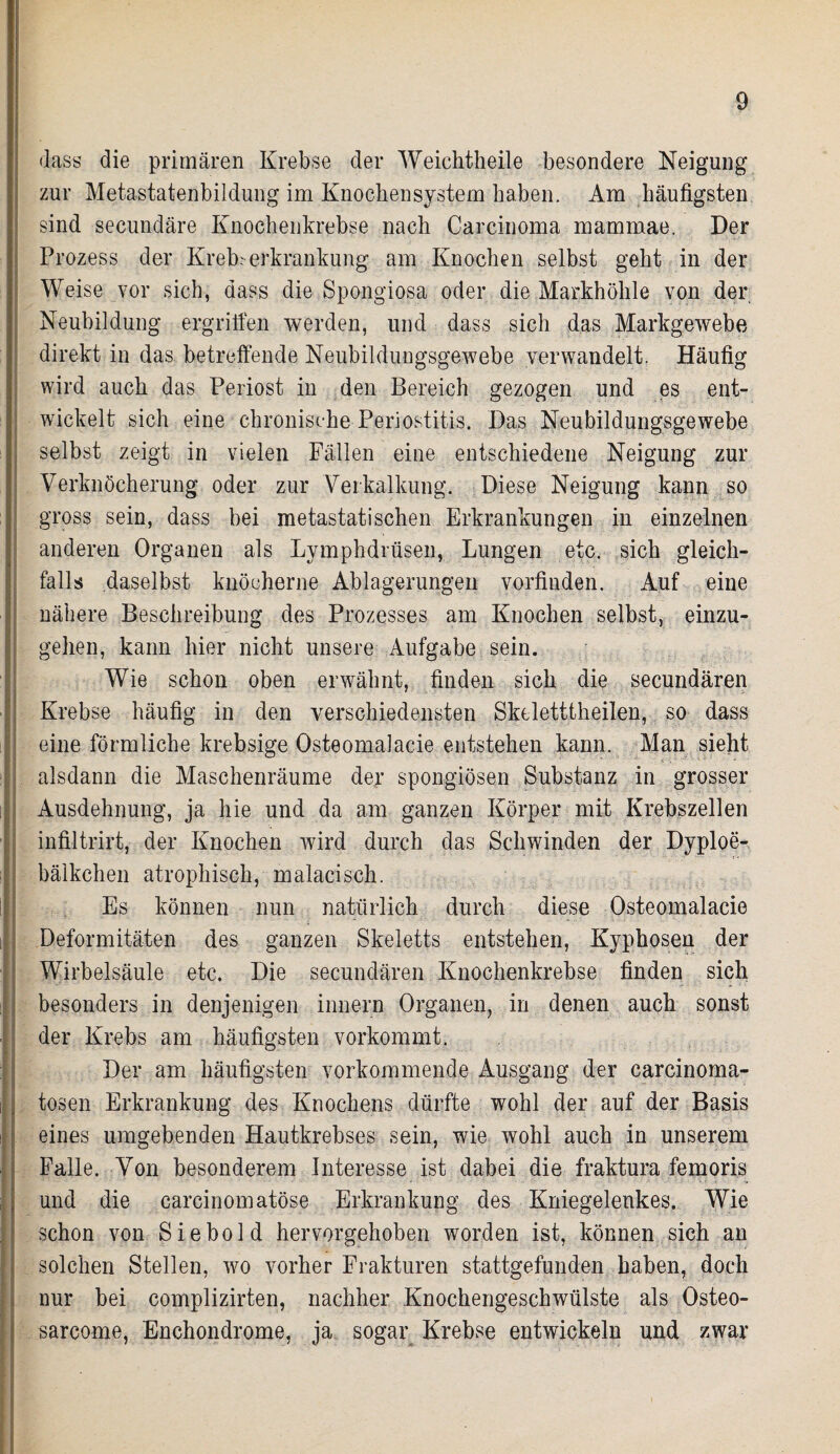 dass die primären Krebse der Weichtheile besondere Neigung zur Metastatenbildung im Knochen System haben. Am häufigsten sind secundäre Knochenkrebse nach Carcinoma mammae. Der Prozess der KreKerkrankung am Knochen selbst geht in der Weise vor sieb, dass die Spongiosa oder die Markhöhle von der Neubildung ergriffen werden, und dass sich das Markgewebe direkt in das betreffende Neubildungsgewebe verwandelt. Häufig wird auch das Periost in den Bereich gezogen und es ent¬ wickelt sich eine chronische Periostitis. Das Neubildungsgewebe selbst zeigt in vielen Fällen eine entschiedene Neigung zur Verknöcherung oder zur Verkalkung. Diese Neigung kann so gross sein, dass bei metastatischen Erkrankungen in einzelnen anderen Organen als Lvmphdrüsen, Lungen etc. sich gleich¬ falls daselbst knöcherne Ablagerungen vorfinden. Auf eine nähere Beschreibung des Prozesses am Knochen selbst, einzu¬ gehen, kann hier nicht unsere Aufgabe sein. Wie schon oben erwähnt, finden sich die secundären Krebse häufig in den verschiedensten Skeletttheilen, so dass eine förmliche krebsige Osteomalacie entstehen kann. Man sieht alsdann die Maschenräume der spongiösen Substanz in grosser Ausdehnung, ja hie und da am ganzen Körper mit Krebszellen infiltrirt, der Knochen wird durch das Schwinden der Dyploe- bälkchen atrophisch, malaciseh. Es können nun natürlich durch diese Osteomalacie Deformitäten des ganzen Skeletts entstehen, Kyphosen der Wirbelsäule etc. Die secundären Knochenkrebse finden sich besonders in denjenigen innen) Organen, in denen auch sonst der Krebs am häufigsten vorkommt. Der am häufigsten vorkommende Ausgang der carcinoma- tosen Erkrankung des Knochens dürfte wohl der auf der Basis eines umgebenden Hautkrebses sein, wie wohl auch in unserem Falle. Von besonderem Interesse ist dabei die fraktura femoris und die carcinomatöse Erkrankung des Kniegelenkes. Wie schon von Siebold hervorgehoben worden ist, können sich an solchen Stellen, wo vorher Frakturen stattgefunden haben, doch nur bei complizirten, nachher Knochengeschwülste als Osteo- sarcome, Enchondrome, ja sogar Krebse entwickeln und zwar