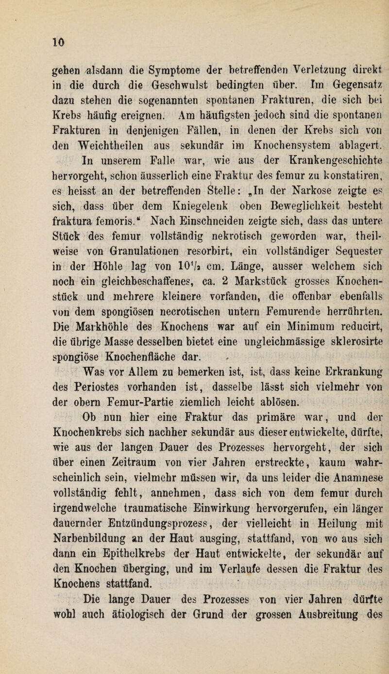 gehen /alsdann die Symptome der betreffenden Verletzung direkt in die durch die Geschwulst bedingten über. Im Gegensatz dazu stehen die sogenannten spontanen Frakturen, die sich bei Krebs häufig ereignen. Am häufigsten jedoch sind die spontanen Frakturen in denjenigen Fällen, in denen der Krebs sich von den Weichtheilen aus sekundär im Knochensystem ablagert. In unserem Falle war, wie aus der Krankengeschichte hervorgeht, schon äusserlich eine Fraktur des femur zu konstatiren, es heisst an der betreffenden Stelle: „In der Narkose zeigte es sich, dass über dem Kniegelenk oben Beweglichkeit besteht fraktura femoris.“ Nach Einschneiden zeigte sich, dass das untere Stück des femur vollständig nekrotisch geworden war, theil- weise von Granulationen resorbirt, ein vollständiger Sequester in der Höhle lag von 10% cm. Länge, ausser welchem sich noch ein gleichbeschaffenes, ca. 2 Markstück grosses Knochen¬ stück und mehrere kleinere vorfanden, die offenbar ebenfalls von dem spongiösen necrotischen untern Femurende herrührten. Die Markhöhle des Knochens war auf ein Minimum reducirt, die übrige Masse desselben bietet eine ungleichmässige sklerosirte spongiöse Knochenfläche dar. Was vor Allem zu bemerken ist, ist, dass keine Erkrankung des Periostes vorhanden ist, dasselbe lässt sich vielmehr von der obern Femur-Partie ziemlich leicht ablösen. Ob nun hier eine Fraktur das primäre war, und der Knochenkrebs sich nachher sekundär aus dieser entwickelte, dürfte, wie aus der langen Dauer des Prozesses hervorgeht , der sich über einen Zeitraum von vier Jahren erstreckte, kaum wahr¬ scheinlich sein, vielmehr müssen wir, da uns leider die Anamnese vollständig fehlt, annehmen, dass sich von dem femur durch irgendwelche traumatische Einwirkung hervorgerufen, ein länger dauernder Entzündungsprozess, der vielleicht in Heilung mit Narbenbildung an der Haut ausging, stattfand, von wo aus sich dann ein Epithelkrebs der Haut entwickelte, der sekundär auf den Knochen überging, und im Verlaufe dessen die Fraktur des Knochens stattfand. Die lange Dauer des Prozesses von vier Jahren dürfte wohl auch ätiologisch der Grund der grossen Ausbreitung des