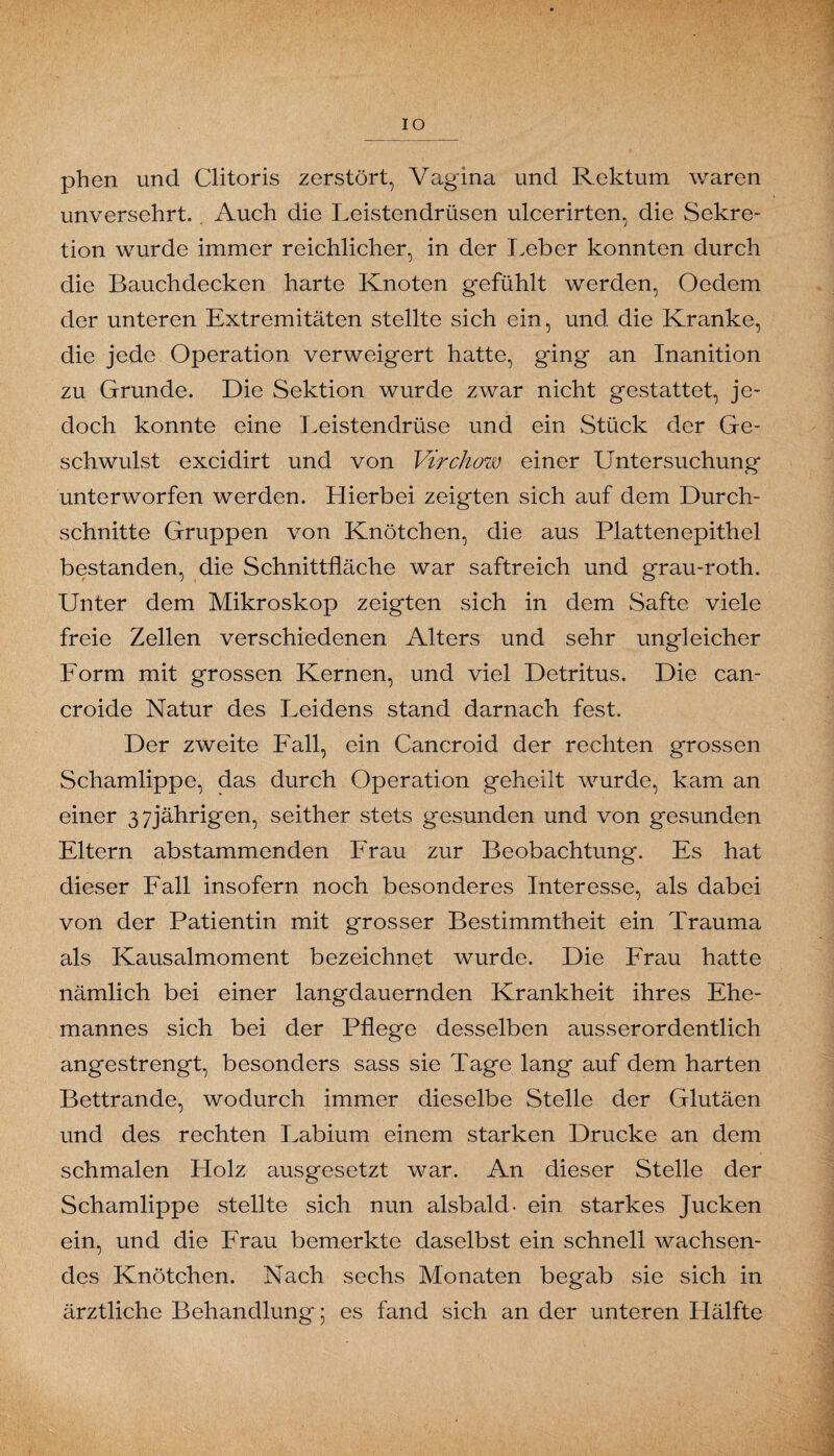 IO phen und Clitoris zerstört, Vagina und Rektum waren unversehrt. Auch die Leistendrüsen ulcerirten, die Sekre¬ tion wurde immer reichlicher, in der Leber konnten durch die Bauchdecken harte Knoten gefühlt werden, Oedem der unteren Extremitäten stellte sich ein, und die Kranke, die jede Operation verweigert hatte, g'ing an Inanition zu Grunde. Die Sektion wurde zwar nicht gestattet, je¬ doch konnte eine Leistendrüse und ein Stück der Ge¬ schwulst excidirt und von Virchow einer Untersuchung unterworfen werden. Hierbei zeigten sich auf dem Durch¬ schnitte Gruppen von Knötchen, die aus Plattenepithel bestanden, die Schnittfläche war saftreich und grau-roth. Unter dem Mikroskop zeigten sich in dem Safte viele freie Zellen verschiedenen Alters und sehr ungleicher Form mit grossen Kernen, und viel Detritus. Die can- croide Natur des Leidens stand darnach fest. Der zweite Fall, ein Cancroid der rechten grossen Schamlippe, das durch Operation geheilt wurde, kam an einer 37jährigen, seither stets gesunden und von gesunden Eltern abstammenden Frau zur Beobachtung. Es hat dieser Fall insofern noch besonderes Interesse, als dabei von der Patientin mit grosser Bestimmtheit ein Trauma als Kausalmoment bezeichnet wurde. Die Frau hatte nämlich bei einer langdauernden Krankheit ihres Ehe¬ mannes sich bei der Pflege desselben ausserordentlich angestrengt, besonders sass sie Tage lang auf dem harten Bettrande, wodurch immer dieselbe Stelle der Glutäen und des rechten Labium einem starken Drucke an dem schmalen Holz ausgesetzt war. An dieser Stelle der Schamlippe stellte sich nun alsbald, ein starkes Jucken ein, und die Frau bemerkte daselbst ein schnell wachsen¬ des Knötchen. Nach sechs Monaten begab sie sich in