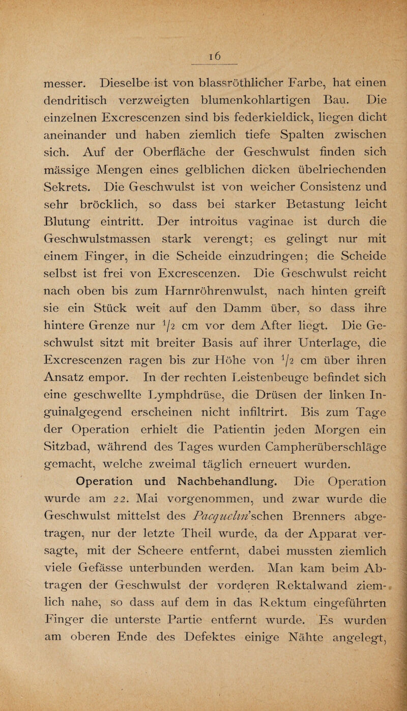 messer. Dieselbe ist von blassröthlicher Farbe, hat einen dendritisch verzweigten blumenkohlartigen Bau. Die einzelnen Excrescenzen sind bis federkieldick, liegen dicht aneinander und haben ziemlich tiefe Spalten zwischen sich. Auf der Oberfläche der Geschwulst finden sich mässige Mengen eines gelblichen dicken übelriechenden Sekrets. Die Geschwulst ist von weicher Consistenz und sehr bröcklich, so dass bei starker Betastung leicht Blutung eintritt. Der Introitus vaginae ist durch die Geschwulstmassen stark verengt; es gelingt nur mit einem Finger, in die Scheide einzudringen; die Scheide selbst ist frei von Excrescenzen. Die Geschwulst reicht nach oben bis zum Harnröhrenwulst, nach hinten greift sie ein Stück weit auf den Damm über, so dass ihre hintere Grenze nur 1/2 cm vor dem After liegt. Die Ge¬ schwulst sitzt mit breiter Basis auf ihrer Unterlage, die Excrescenzen ragen bis zur Höhe von 1/2 cm über ihren Ansatz empor. In der rechten Leistenbeuge befindet sich eine geschwellte Lymphdrlise, die Drüsen der linken In¬ guinalgegend erscheinen nicht infiltrirt. Bis zum Tage der Operation erhielt die Patientin jeden Morgen ein Sitzbad, während des Tages wurden Campherüberschläge gemacht, welche zweimal täglich erneuert wurden. Operation und Nachbehandlung. Die Operation wurde am 22. Mai vorgenommen, und zwar wurde die Geschwulst mittelst des PacquelirÜsehen Brenners abge¬ tragen, nur der letzte Theil wurde, da der Apparat ver¬ sagte, mit der Scheere entfernt, dabei mussten ziemlich viele Gefässe unterbunden werden. Man kam beim Ab¬ tragen der Geschwulst der vorderen Rektalwand ziem¬ lich nahe, so dass auf dem in das Rektum eingeführten Finger die unterste Partie entfernt wurde. Es wurden am oberen Ende des Defektes einige Nähte angelegt,