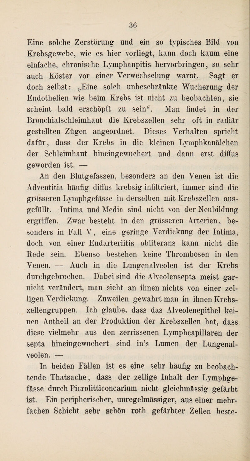 Eine solche Zerstörung und ein so typisches Bild von Krebsgewebe, wie es hier vorliegt, kann doch kaum eine einfache, chronische Lymphanpitis hervorbringen, so sehr auch Köster vor einer Verwechselung warnt. Sagt er doch selbst: „Eine solch unbeschränkte Wucherung der Endothelien wie beim Krebs ist nicht zu beobachten, sie scheint bald erschöpft zu sein“. Man findet in der Bronchialschleimhaut die Krebszellen sehr oft in radiär gestellten Zügen angeordnet. Dieses Verhalten spricht dafür, dass der Krebs in die kleinen Lymphkanälchen der Schleimhaut hineingewuichert und dann erst diffus geworden ist. — An den Blutgefässen, besonders an den Venen ist die Adventitia häufig diffus krebsig infiltriert, immer sind die grösseren Lymphgefässe in derselben mit Krebszellen aus- gefüllt. Intima und Media sind nicht von der Neubildung ergriffen. Zwar besteht in den grösseren Arterien, be¬ sonders in Fall V, eine geringe Verdickung der Intima, doch von einer Eudarteriitis obliterans kann nicht die Rede sein. Ebenso bestehen keine Thrombosen in den Venen. — Auch in die Lungenalveolen ist der Krebs durchgebrochen. Dabei sind die Alveolensepta meist gar- nicht verändert, man sieht an ihnen nichts von einer zei¬ tigen Verdickung. Zuweilen gewahrt man in ihnen Krebs¬ zellengruppen. Ich glaube, dass das Alveolenepithel kei¬ nen Antheil an der Produktion der Krebszellen hat, dass diese vielmehr aus den zerrissenen Lymphcapillaren der septa hineingewuchert sind in’s Lumen der Lungenal¬ veolen. — In beiden Fällen ist es eine sehr häufig zu beobach¬ tende Thatsache, dass der zellige Inhalt der Lymphge¬ fässe durch Picrolitticoncarium nicht gleichmässig gefärbt ist. Ein peripherischer, unregelmässiger, aus einer mehr¬ fachen Schicht sehr schön roth gefärbter Zellen beste-