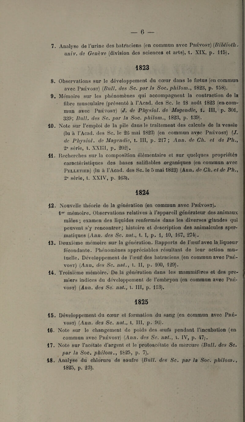 7. Analyse de l’urine des batraciens (en commun avec Prévost) [Bihlïoth. univ. cIc Geneve (division des sciences et arts), t. XIX, p. llo). 1823 8. Observations sur le développement du cœur dans le fœtus (en commun avec Prévost) [Bull, (les Sc. par la Soc. philom., 1828, p. 158). 9. Mémoire sur les phénomènes qui accompagnent la contraction de la fibre musculaire (présenté à l’Acad. des Sc. le 18 août 1823 (en com¬ mun avec Prévost) [J. de Physîol. de Magendie, t. III, p. 301, 339; Bull, des Sc. par la Soc. philom., 1823, p. 139). 10. Note sur l’emploi de la pile dans le traitement des calculs de la vessie (lu à l’Acad. des Sc. le 26 mai 1823) (en commun avec Prévost) (J. de Physîol. de Magendie, t. III, p. 217 ; Ann. de Ch. et de Ph., 2e série, t. XXIII, p. 202). 11. Recherches sur la composition élémentaire et sur quelques propriétés caractéristiques des bases saliflables organiques (en commun avec Pelletier) (lu à l’Acad. des Sc. le 5 mai 1823) [Ann. de Ch. et de Ph., 2e série, t. XXIV, p. 163). 1824 12. Nouvelle théorie de la génération (en commun avec Prévost). 1er mémoire. Observations relatives à l’appareil générateur des animaux mâles ; examen des liquides renfermés dans les diverses glandes qui peuvent s’y rencontrer; histoire et description des animalcules sper¬ matiques [Ann. des Sc. nat., t. I, p. 1, 10, 167, 274). 13. Deuxième mémoire sur la génération. Rapports de l’œuf avec la liqueur fécondante. Phénomènes appréciables résultant de leur action mu¬ tuelle. Développement de l’œuf des batraciens (en commun avec Pré¬ vost) [Ann. des Sc. nat., t. II, p. 100, 129). 14. Troisième mémoire. De la génération dans les mammifères et des pre¬ miers indices du développement de l’embryon (en commun avec Pré¬ vost) [Ann. des Sc. nat., t. III, p. 113). 1825 15. Développement du cœur et formation du sang (en commun avec Pré¬ vost) [Ann. des Sc. nat., t. III, p. 96). 16. Note sur le changement de poids des œufs pendant l’incubation (en commun avec Prévost) [Ann. des Sc. nat., t. IV, p. 47;. 17. Note sur l’acétate d’argent et le protoacétate de mercure (Bull, des Sc. par la Soc. philom., 1825, p. 7). 18. Analyse du chlorure de soufre [Bull, des Sc. parla Soc. philom., 1825, p. 23).