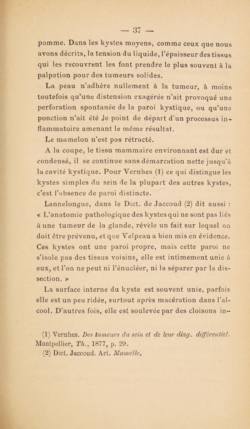 pomme. Dans les kystes moyens, comme ceux que nous avons décrits, la tension du liquide, l’épaisseur des tissus qui les recouvrent les font prendre le plus souvent à la palpation pour des tumeurs solides, La peau n’adhère nullement à la tumeur, à moins toutefois qu’une distension exagérée n’ait provoqué une perforation spontanée de la paroi kystique, ou qu’une ponction n’ait été Je point de départ d’un processus in¬ flammatoire amenant le même résultat. Le mamelon n’est pas rétracté. A la coupe, le tissu mammaire environnant est dur et condensé, il se continue sans démarcation nette jusqu’à la cavité kystique. Pour Yernhes (1) ce qui distingue les kystes simples du sein de la plupart des autres kystes, c’est l’absence de paroi distincte. Lannelongue, dans le Dict. de Jaccoud (2) dit aussi : « L’anatomie pathologique des kystes qui ne sont pas liés à une tumeur de la glande, révèle un fait sur lequel on doit être prévenu, et que Velpeau a bien mis en évidence. Ces kystes ont une paroi propre, mais cette paroi ne s’isole pas des tissus voisins, elle est intimement unie à eux, et l’on ne peut ni l’énucléer, ni la séparer par la dis¬ section. » La surface interne du kyste est souvent unie, parfois elle est un peu ridée, surtout après macération dans l’al¬ cool. D’autres fois, elle est soulevée par des cloisons in- (1) Yernhes. Des tumeurs du sein et de leur diag. différentiel. Montpellier, Th., 1877, p. 29. (2) Dict. Jaccoud. Art. Mamelle.