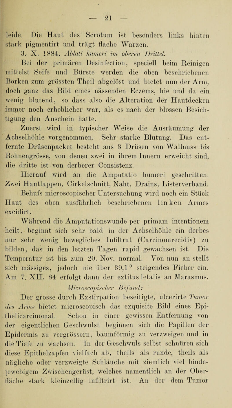 leide. Die Haut des Scrotum ist besonders links hinten stark pigmentirt und trägt flache Warzen. 3. X. 1884. Ablati humeri im oberen Drittel. Bei der primären Desinfection, speciell beim Reinigen mittelst Seife und Bürste werden die oben beschriebenen Borken zum grössten Theil abgelöst und bietet nun der Arm, doch ganz das Bild eines nässenden Eczems, hie und da ein wenig blutend, so dass also die Alteration der Hautdecken immer noch erheblicher war, als es nach der blossen Besich¬ tigung den Anschein hatte. Zuerst wird in typischer Weise die Ausräumung der Achselhöhle vorgenommen. Sehr starke Blutung. Das ent¬ fernte Drüsenpacket besteht aus 3 Drüsen von Wallnuss bis Bohnengrösse, von denen zwei in ihrem Innern erweicht sind, die dritte ist von derberer Consistenz. Hierauf wird an die Amputatio humeri geschritten. Zwei Hautlappen, Cirkelschnitt, Naht, Drains, Listerverband. Behufs microscopischer Untersuchung wird noch ein Stück Haut des oben ausführlich beschriebenen linken Armes excidirt. Während die Amputationswunde per primam intentionem heilt, beginnt sich sehr bald in der Achselhöhle ein derbes nur sehr wenig bewegliches Infiltrat (Carcinomrecidiv) zu bilden, das in den letzten Tagen rapid gewachsen ist. Die Temperatur ist bis zum 20. Xov. normal. Von nun an stellt sich mässiges, jedoch nie über 39,1° steigendes Eieber ein. Am 7. XII. 84 erfolgt dann der extitus letalis an Marasmus. Microscopischer Befund: Der grosse durch Exstirpation beseitigte, ulcerirte Tumor des Arms bietet microscopisch das exquisite Bild eines Epi- thelicarcinomal. Schon in einer gewissen Entfernung von der eigentlichen Geschwulst beginnen sich die Papillen der Epidermis zu vergrössern, baumförmig zu verzweigen und in die Tiefe zu wachsen. In der Geschwuls selbst schnüren sich diese Epithelzapfen vielfach ab, theils als runde, theils als nägliche oder verzweigte Schläuche mit ziemlich viel binde¬ gewebigem Zwischengerüst, welches namentlich an der Ober¬ fläche stark kleinzellig infiltrirt ist. An der dem Tumor