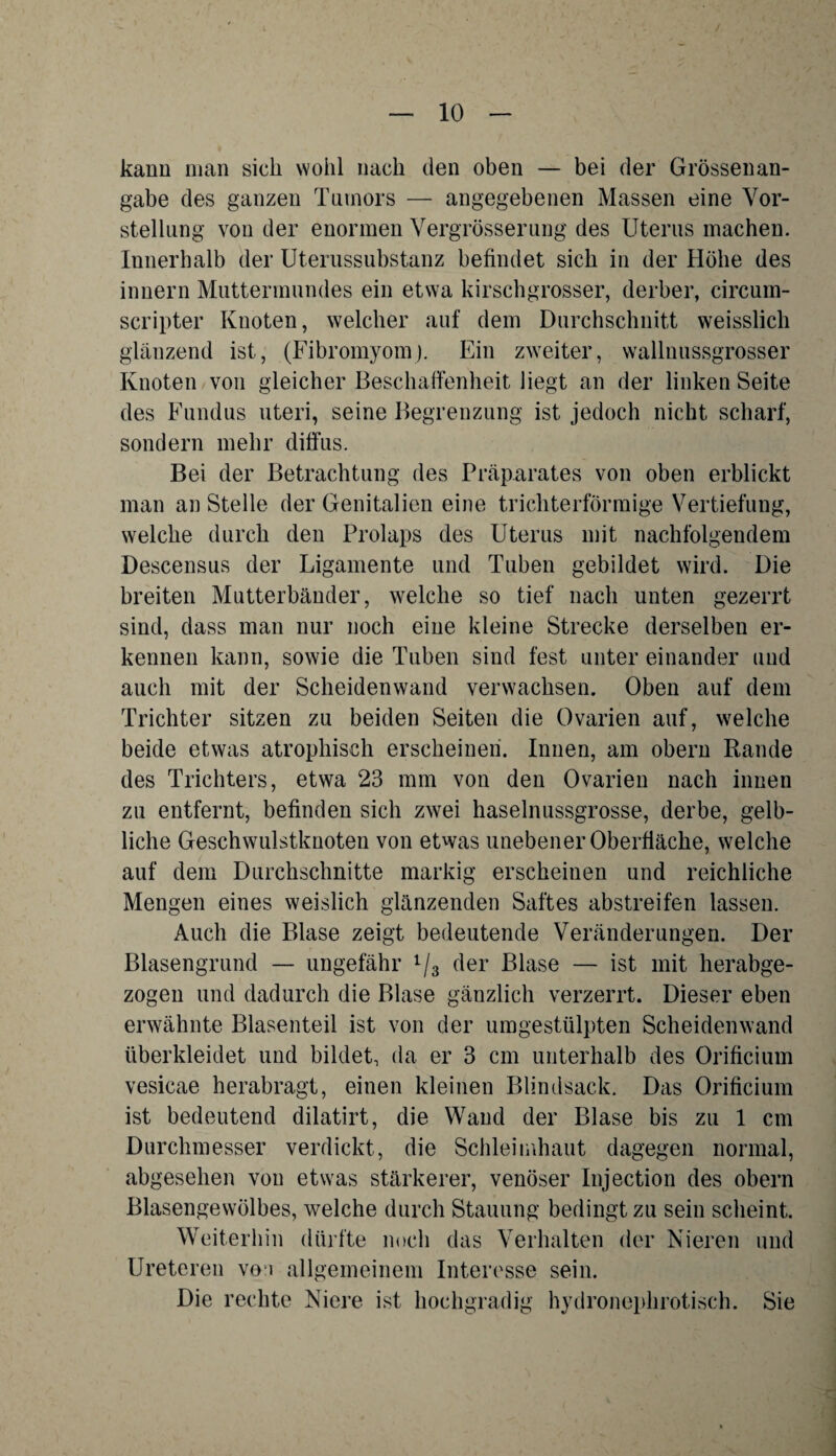 kann man sich wohl nach den oben — bei der Grössenan¬ gabe des ganzen Tumors — angegebenen Massen eine Vor¬ stellung von der enormen Vergrösserung des Uterus machen. Innerhalb der Uterussubstanz befindet sich in der Höhe des innern Muttermundes ein etwa kirschgrosser, derber, circum- scripter Knoten, welcher auf dem Durchschnitt weisslich glänzend ist, (Fibromyom). Ein zweiter, wallnussgrosser Knoten von gleicher Beschaffenheit liegt an der linken Seite des Fundus uteri, seine Begrenzung ist jedoch nicht scharf, sondern mehr diffus. Bei der Betrachtung des Präparates von oben erblickt man an Stelle der Genitalien eine trichterförmige Vertiefung, welche durch den Prolaps des Uterus mit nachfolgendem Descensus der Ligamente und Tuben gebildet wird. Die breiten Mutterbänder, welche so tief nach unten gezerrt sind, dass man nur noch eine kleine Strecke derselben er¬ kennen kann, sowie die Tuben sind fest unter einander und auch mit der Scheidenwand verwachsen. Oben auf dem Trichter sitzen zu beiden Seiten die Ovarien auf, welche beide etwas atrophisch erscheinen. Innen, am obern Rande des Trichters, etwa 23 mm von den Ovarien nach innen zu entfernt, befinden sich zwei haselnussgrosse, derbe, gelb¬ liche Geschwulstknoten von etwas unebener Oberfläche, welche auf dem Durchschnitte markig erscheinen und reichliche Mengen eines weislich glänzenden Saftes abstreifen lassen. Auch die Blase zeigt bedeutende Veränderungen. Der Blasengrund — ungefähr 1/3 der Blase — ist mit herabge¬ zogen und dadurch die Blase gänzlich verzerrt. Dieser eben erwähnte Blasenteil ist von der umgestülpten Scheiden wand überkleidet und bildet, da er 3 cm unterhalb des Orificium vesicae herabragt, einen kleinen Blindsack. Das Orificium ist bedeutend dilatirt, die Wand der Blase bis zu 1 cm Durchmesser verdickt, die Schleimhaut dagegen normal, abgesehen von etwas stärkerer, venöser Injection des obern Blasengewölbes, welche durch Stauung bedingt zu sein scheint. Weiterhin dürfte noch das Verhalten der Nieren und Ureteren von allgemeinem Interesse sein. Die rechte Niere ist hochgradig hydronephrotisch. Sie