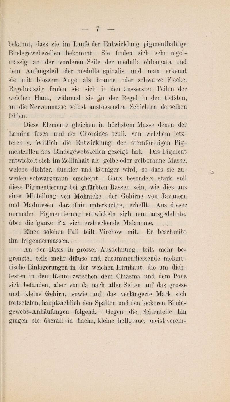 bekannt, dass sie im Laufe der Entwicklung pigmenthaltige Bindegewebszellen bekommt. Sie finden sich sehr regel¬ mässig an der vorderen Seite der medulla oblongata und dem Anfangsteil der medulla spinalis und man erkennt sie mit blossem Auge als braune oder schwarze Eiecke. Regelmässig finden sie sich in den äussersten Teilen der weichen Haut, während sie jn der Regel in den tiefsten, an die Nervenmasse selbst anstossenden Schichten derselben fehlen. Diese Elemente gleichen in höchstem Masse denen der Lamina fusca und der Choroides oculi, von welchem letz¬ teren v. Wittich die Entwicklung der sternförmigen Pig¬ mentzellen aus Bindegewebszellen gezeigt hat. Das Pigment entwickelt sich im Zellinhalt als gelbe oder gelbbraune Masse, welche dichter, dunkler und körniger wird, so dass sie zu- weilen schwarzbraun erscheint. Ganz besonders stark soll diese Pigmentierung bei gefärbten Rassen sein, wie dies aus einer Mitteilung von Mohnicke, der Gehirne von Javanern und Maduresen daraufhin untersuchte, erhellt. Aus dieser normalen Pigmentierung entwickeln sich nun ausgedehnte, über die ganze Pia sich erstreckende Melanome, Einen solchen Fall teilt Virchow mit. Er beschreibt ihn folgendermassen. An der Basis in grosser Ausdehnung, teils mehr be¬ grenzte, teils mehr diffuse und zusammenfliessende melano- tische Einlagerungen in der weichen Hirnhaut, die am dich¬ testen in dem Raum zwischen dem Chiasma und dem Pons sich befanden, aber von da nach allen Seiten auf das grosse und kleine Gehirn, sowie auf das verlängerte Mark sich fortsetzten, hauptsächlich den Spalten und den lockeren Binde¬ gewebs-Anhäufungen folgend. Gegen die Seitenteile hin gingen sie überall in flache, kleine hellgraue, meist verein-