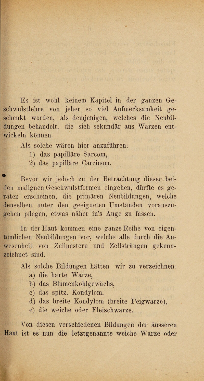 Es ist wohl keinem Kapitel in der ganzen Ge¬ schwulstlehre von jeher so viel Aufmerksamkeit ge¬ schenkt worden, als demjenigen, welches die Neubil¬ dungen behandelt, die sich sekundär aus Warzen ent¬ wickeln können. Als solche wären hier anzuführen: 1) das papilläre Sarcom, 2) das papilläre Carcinom. Bevor wir jedoch zu der Betrachtung dieser bei¬ den malignen Geschwulstformen eingehen, dürfte es ge¬ raten erscheinen, die primären Neubildungen, welche denselben unter den geeigneten Umständen vorauszu¬ gehen pflegen, etwas näher in’s Auge zu fassen. In der Haut kommen eine ganze Beihe von eigen¬ tümlichen Neubildungen vor, welche alle durch die An¬ wesenheit von Zellnestern und Zellsträngen gekenn¬ zeichnet sind. Als solche Bildungen hätten wir zu verzeichnen: a) die harte Warze, b) das Blumenkohlgewächs, c) das spitz. Kondylom, d) das breite Kondylom (breite Feigwarze), e) die weiche oder Fleischwarze. Von diesen verschiedenen Bildungen der äusseren Haut ist es nun die letztgenannte weiche Warze oder