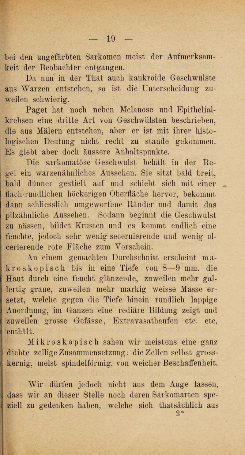 bei den ungefärbten Sarkomen meist der Aufmerksam¬ keit der Beobachter entgangen. Da nun in der That auch kankroide Geschwülste aus Warzen entstehen, so ist die Unterscheidung zu¬ weilen schwierig. Paget hat noch neben Melanose und Epithelial¬ krebsen eine dritte Art von Geschwülsten beschrieben, die aus Malern entstehen, aber er ist mit ihrer histo¬ logischen Deutung nicht recht zu stände gekommen. Es giebt aber doch äussere Anhaltspunkte. Die sarkomatöse Geschwulst behält in der Re¬ gel ein warzenähnliches Aussehen. Sie sitzt bald breit, bald dünner gestielt auf und schiebt sich mit einer „ flach-rundlichen höckerigen Oberfläche hervor, bekommt dann schliesslich umgeworfene Ränder und damit das pilzähnliche Aussehen. Sodann beginnt die Geschwulst zu nässen, bildet Krusten und es kommt endlich eine feuchte, jedoch sehr wenig secernierende und wenig ul- cerierende rote Fläche zum Vorschein. An einem gemachten Durchschnitt erscheint ma¬ kroskopisch bis in eine Tiefe von 8—9 mm. die E Haut durch eine feucht glänzende, zuweilen mehr gal- | lertig graue, zuweilen mehr markig weisse Masse er- i setzt, welche gegen die Tiefe hinein rundlich lappige i Anordnung, im Ganzen eine rediäre Bildung zeigt und i; zuweilen grosse Gefässe, Extravasathaufen etc. etc. I enthält. I I Mikroskopisch sahen wir meistens eine ganz dichte zellige Zusammensetzung: die Zellen selbst gross¬ kernig, meist spindelförmig, von weicher Beschaffenheit. | | Wir dürfen jedoch nicht aus dem Auge lassen, j dass wir an dieser Stelle noch deren Sarkomarten spe- i ziell zu gedenken haben, welche sich thatsächlich aus 2*