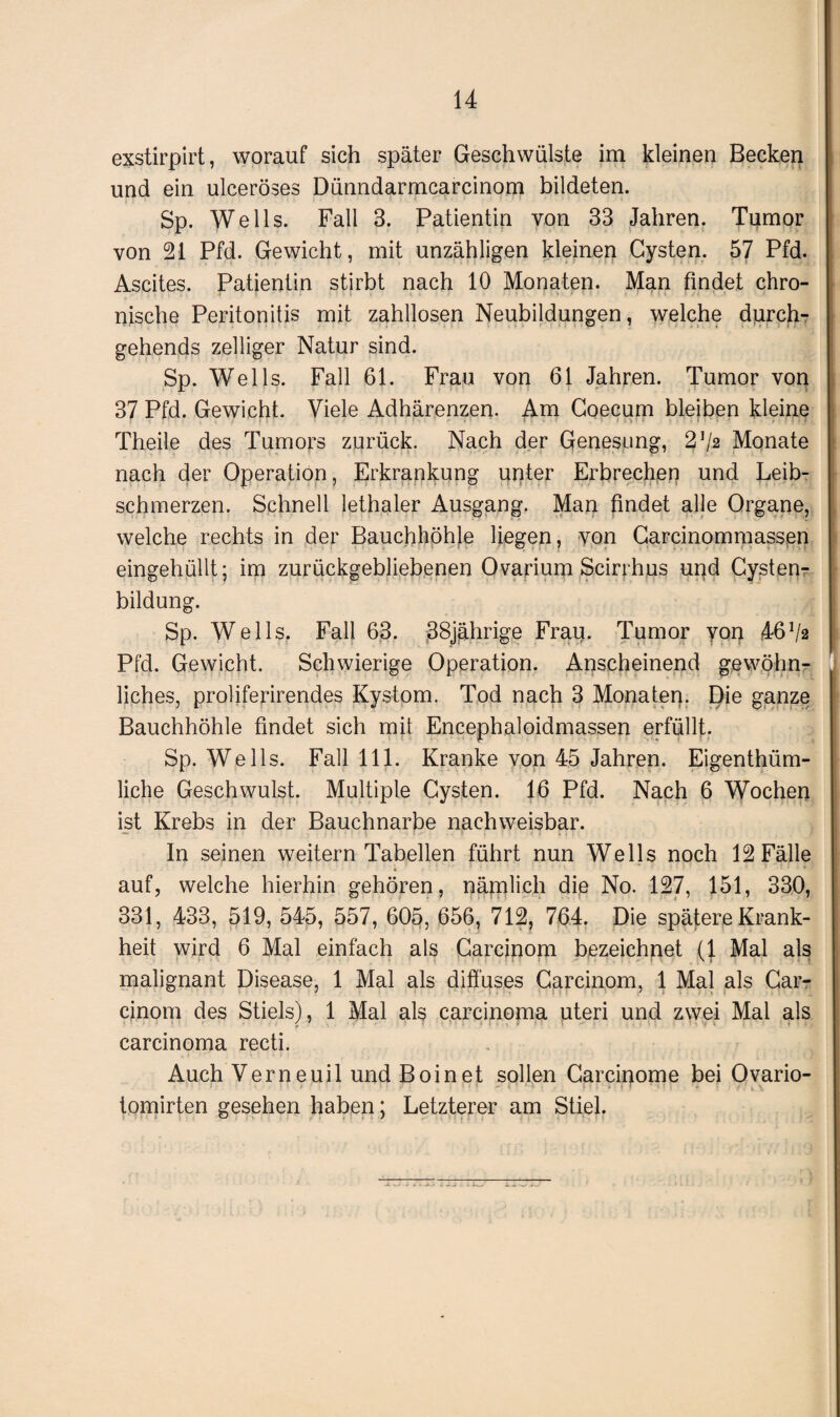 exstirpirt, worauf sich später Geschwülste im kleinen Becken und ein ulceröses Dünndarmcarcinom bildeten. Sp. Wells. Fall 3. Patientin von 33 Jahren. Tumor von 21 Pfd. Gewicht, mit unzähligen kleinen Cysten. 57 Pfd. Ascites. Patientin stirbt nach 10 Monaten. Man findet chro¬ nische Peritonitis mit zahllosen Neubildungen, welche durch- gehends zelliger Natur sind. Sp. Wells. Fall 61. Frau von 61 Jahren. Tumor von 37 Pfd. Gewicht. Viele Adhärenzen. Am Coecum bleiben kleine Theile des Tumors zurück. Nach der Genesung, 2 ]/a Monate nach der Operation, Erkrankung unter Erbrechen und Leib¬ schmerzen. Schnell lethaler Ausgang. Man findet alle Organe, welche rechts in der Bauchhöhle liegen, von Carcinommassen eingehüllt; im zurückgebliebenen Ovarium Scirrhus und Cysten¬ bildung. Sp. Wells. Fall 63. 38jährige Frau. Tumor yon 461/2 Pfd. Gewicht. Schwierige Operation. Anscheinend gewöhn¬ liches, proliferirendes Kystom. Tod nach 3 Monaten. Die ganze Bauchhöhle findet sich mit Encephaloidmassen erfüllt. Sp. Wells. Fall 111. Kranke von 45 Jahren. Eigenthüm- liclie Geschwulst. Multiple Cysten. 16 Pfd. Nach 6 Wochen ist Krebs in der Bauchnarbe nachweisbar. In seinen weitern Tabellen führt nun Wells noch 12 Fälle auf, welche hierhin gehören, nämlich die No. 127, 151, 330, 331, 433, 519, 545, 557, 605, 656, 712, 764. Die spätere Krank¬ heit wird 6 Mal einfach als Carcinom bezeichnet (1 Mal als malignant Disease, 1 Mal als diffuses Carcinom, 1 Mal als Car¬ cinom des Stiels), 1 Mal als carcinoma uteri und zwei Mal als carcinoma recti. Auch Verneuil und Boi net sollen Carcinome bei Ovario- . <• j ' • »■ *! • ■ 1 * fi. f * *' ~ . rnd i r * i •* > • *. i \ tomirten gesehen haben; Letzterer am Stiel.