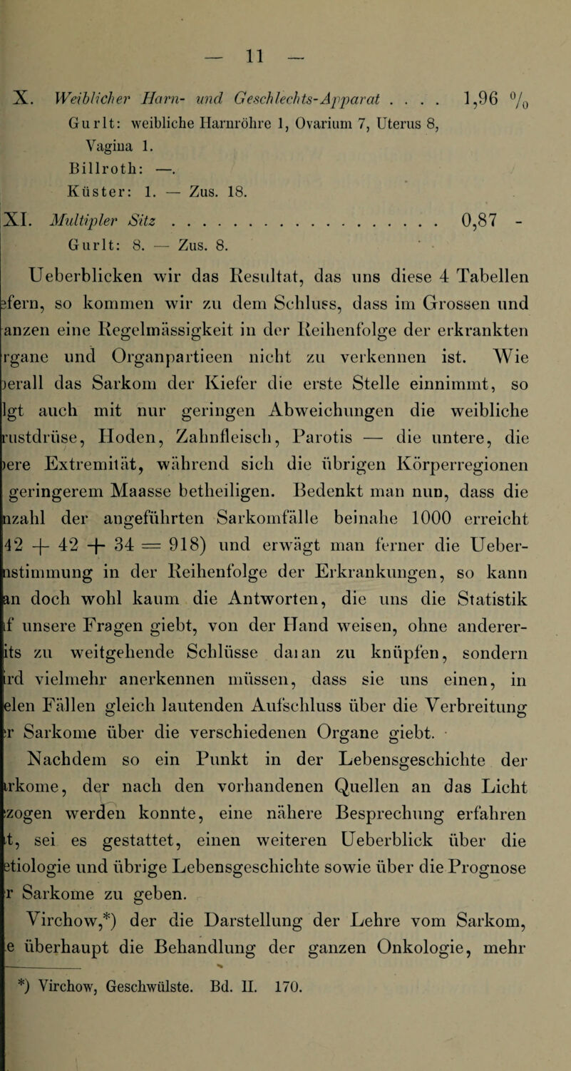 11 X. Weiblicher Harn- und Geschlechts-Apparat .... 1,96 °/0 Gurlt: weibliche Harnröhre 1, Ovarium 7, Uterus 8, Vagina 1. B i 11 r o t h: —. Küster: 1. — Zus. 18. XI. Multipler Sitz. 0,87 - Gurlt: 8. — Zus. 8. Ueberblicken wir das Resultat, das uns diese 4 Tabellen Aern, so kommen wir zu dem Schluss, dass im Grossen und anzen eine Regelmässigkeit in der Reihenfolge der erkrankten rgane und Organpartieen nicht zu verkennen ist. Wie )erall das Sarkom der Kiefer die erste Stelle einnimmt, so Igt auch mit nur geringen Abweichungen die weibliche mstdriise, Hoden, Zahnfleisch, Parotis — die untere, die )ere Extremität, während sich die übrigen Körperregionen geringerem Maasse betheiligen. Bedenkt man nun, dass die nzahl der angeführten Sarkomfälle beinahe 1000 erreicht 42 -j- 42 -f 34 == 918) und erwägt man ferner die Ueber- istimmung in der Reihenfolge der Erkrankungen, so kann an doch wohl kaum die Antworten, die uns die Statistik if unsere Fragen giebt, von der Hand weisen, ohne anderer¬ es zu weitgehende Schlüsse daian zu knüpfen, sondern rd vielmehr anerkennen müssen, dass sie uns einen, in eien Fällen gleich lautenden Aufschluss über die Verbreitung :r Sarkome über die verschiedenen Organe giebt. Nachdem so ein Punkt in der Lebensgeschichte der trkome, der nach den vorhandenen Quellen an das Licht :zogen werden konnte, eine nähere Besprechung erfahren 4, sei es gestattet, einen weiteren Ueberblick über die stiologie und übrige Lebensgeschichte sowie über die Prognose r Sarkome zu geben. Virchow,*) der die Darstellung der Lehre vom Sarkom, e überhaupt die Behandlung der ganzen Onkologie, mehr