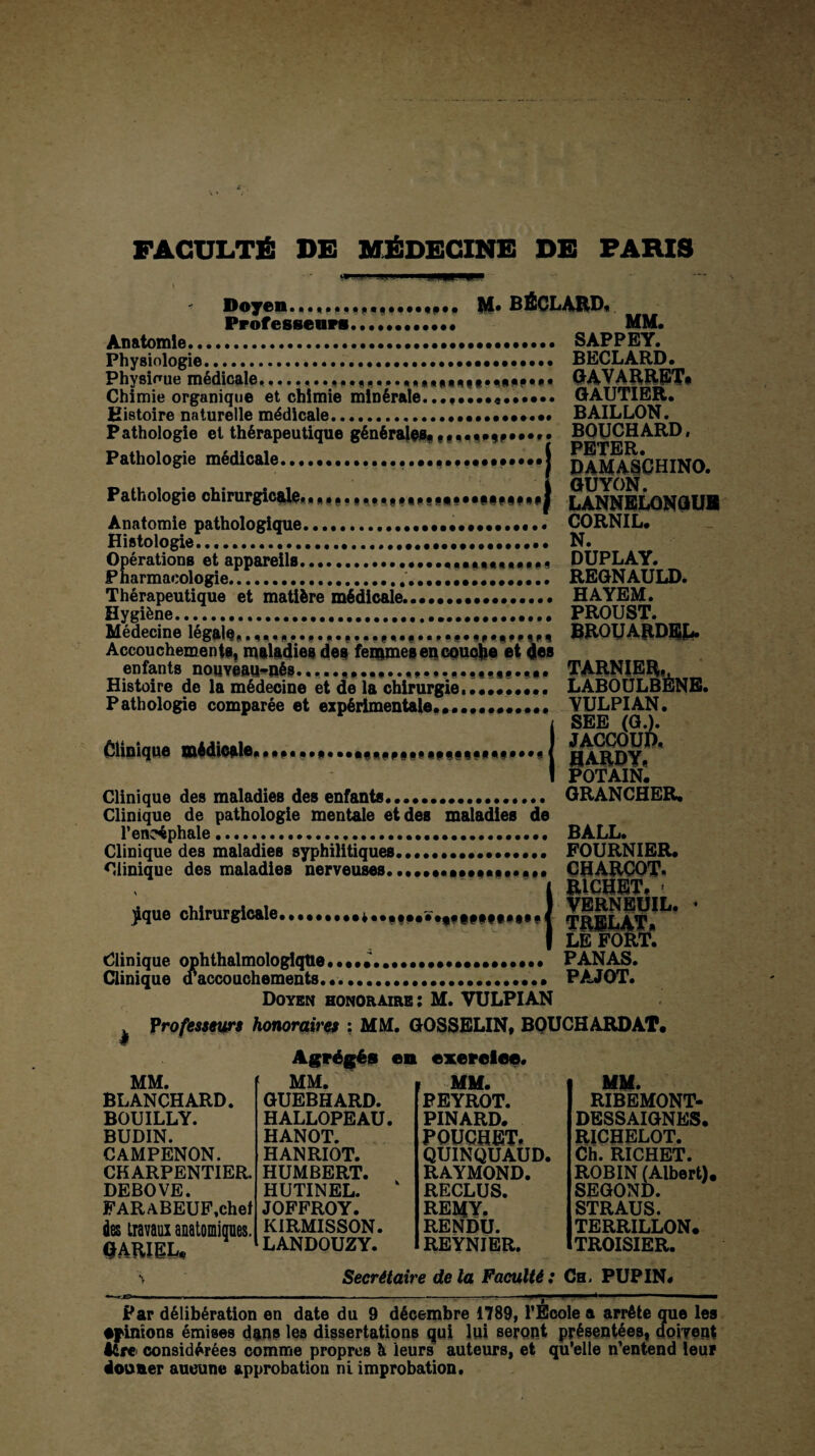 Do,on*«««...* »■■*••• ...• M* BÉCLARD, Professeurs...,. MM. Anatomie... SAPPEY. Physiologie.... BECLARD. Physique médicale **......... $ «...«««a un a te* ARRET# Chimie organique et chimie minérale...♦••••«. GAUTIER. Histoire naturelle médicale.. BAILLON. Pathologie et thérapeutique générales^«mm»«?•••*• BOUCHARD, Pathologie médicale...•«••••••! DAM^CHINO. Pathologie chirurgicale*lANNELONGUH Anatomie pathologique.. CORNIL. Histologie........N. Opérations et appareils.. DUPLAY. Pharmacologie. REGNAULD. Thérapeutique et matière médicale..... HAYEM. Hygiène...... PROUST. Médecine legale,.,......<*..,«1,4 BROUARDEL. Accouchements, maladies des femmes en couche et des enfants nouveau^nés....... TARNIER,, Histoire de la médecine et de la chirurgie,••••••••. LABOULBENE. Pathologie comparée et expérimentale............. YULPIAN. SEE (G.). Clinique médicale...•*•..••••••••••*•............ haRDY^ POT AIN. Clinique des maladies des enfants. GRANCHER. Clinique de pathologie mentale et des maladies de l’encéphale. BALL. Clinique des maladies syphilitiques.. FOURNIER. Clinique des maladies nerveuses... CHARCOT* 1 RICHET. jique chirurgicale.^RELAT»^* I LE FORT. Clinique ophthalmologlqüe........................ PANAS. (Taccouchements... PAJOT. Doyen honoraire: M. VULPIAN Professeurs honoraires : MM. GOSSELIN, BOUCHARDAT. Clinique I Agrégés en exerelee. MM. RIBEMONT- DESSAIGNES. RICHELOT. Ch. RICHET. ROBIN (Albert). SEGOND. STRAUS. TERRILLON. TROISIER. Secrétaire delà Faculté: Ch. PUPIN# MM. MM. MM. BLANCHARD. GUEBHARD. FEYROT. BOUILLY. HALLOPEAU. PINARD. BUDIN. HANOT. POUCHET* CAMPENON. HANRIOT. QUINQUAUD. CHARPENTIER. HUMBERT. RAYMOND. DEBOVE. HUTINEL. RECLUS. FARABEUF.chef JOFFROY. REMY. des travaux anatomiques. KIRMISSON. RENDU. GARIEL. LANDOUZY. REYNIER. Par délibération en date du 9 décembre 1789, l’École a arrête que les opinions émises dans les dissertations qui lui seront présentées, doivent Aire considérées comme propres à leurs auteurs, et qu’elle n’entend leur donner aucune approbation ni improbation.