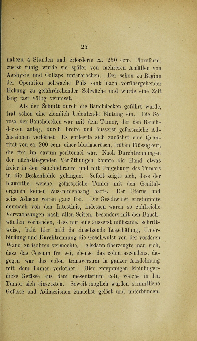 nahezu 4 Stunden und erforderte ca. 250 ccm. Cloroform, zuerst ruhig wurde sie später von mehreren Anfällen von Asphyxie und Collaps unterbrochen. Der schon zu Beginn der Operation schwache Puls sank nach vorübergehender Hebung zu gefahrdrohender Schwäche und wurde eine Zeit lang fast völlig vermisst. Als der Schnitt durch die Bauchdecken geführt wurde, trat schon eine ziemlich bedeutende Blutung ein. Die Se- rosa der Bauchdecken war mit dem Tumor, der den Bauch¬ decken anlag, durch breite und äusserst gefässreiche Ad- haesionen verlöthet. Es entleerte sich zunächst eine Quan¬ tität von ca. 200 ccm. einer blutigserösen, trüben Flüssigkeit, die frei im cavum peritonaei war. Nach Durchtrennungen der nächstliegenden Yerlöthungen konnte die Hand etwas freier in den Bauchfellraum und mit Umgehung des Tumors in die Beckenhöhle gelangen^. Sofort zeigte sich, dass der blaurothe, weiche, gefässreiche Tumor mit den Genital¬ organen keinen Zusammenhang hatte. Der Uterus und seine Adnexe waren ganz frei. Die Geschwulst entstammte demnach von den Intestinis, indessen waren so zahlreiche Verwachsungen nach allen Seiten, besonders mit den Bauch¬ wänden vorhanden, dass nur eine äusserst mühsame, schritt¬ weise, bald hier bald da einsetzende Losschälung, Unter¬ bindung und Durchtrennung die Geschwulst von der vorderen Wand zu isoliren vermochte. Alsdann überzeugte man sich, dass das Coecum frei sei, ebenso das colon ascendens, da¬ gegen war das colon transversum in ganzer Ausdehnung mit dem Tumor verlöthet. Hier entsprangen kleinfinger¬ dicke Gefässe aus dem mesenterium coli, welche in den Tumor sich einsetzten. Soweit möglich wurden sämmtliche Gefässe und Adhaesionen zunächst gelöst und unterbunden.