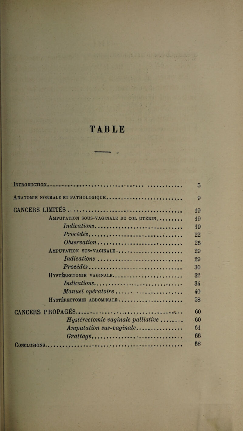TABLE Introduction...........-. 5 Anatomie normale et pathologique. 9 CANCERS LIMITÉS. 19 Amputation sous-vaginale du col utérin. 19 Indications. 19 Procédés. 22 Observation. 26 Amputation sus-vaginale. 29 Indications. 29 Procédés. 30 Hystérectomie vaginale. 32 Indications. 34 Manuel opératoire. 40 Hystérectomie abdominale. 58 CANCERS PROPAGÉS. 60 Hystérectomie vaginale palliative. 60 Amputation sus-vaginale. 61 Grattage...•. 66 Conclusions. 68