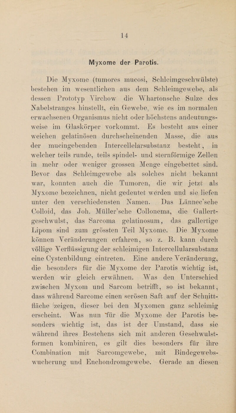 Myxome der Parotis. Die Myxome (tumores mucosi, Schleimgeschwülste) bestehen im wesentlichen aus dem Schleimgewebe, als dessen Prototyp Yirchow die Whartonsche Sülze des Nabelstranges hinstellt, ein Gewebe, wie es im normalen erwachsenen Organismus nicht oder höchstens andeutungs¬ weise im Glaskörper vorkommt. Es besteht ans einer weichen gelatinösen durchscheinenden Masse, die aus der mucingebenden Intercellelarsubstanz besteht, in welcher teils runde, teils Spindel- und sternförmige Zellen in mehr oder weniger grossen Menge eingebettet sind. Bevor das Schleimn-ewebe als solches nicht bekannt o war, konnten auch die Tumoren, die wir jetzt als Myxome bezeichnen, nicht gedeutet werden und sie liefen unter den verschiedensten Namen. Das Lännec’sehe Oolloid, das Joh. Mülleruche Collonema, die Gallert¬ geschwulst, das Sarcoma gelatinosum, das gallertige Lipom sind zum grössten Teil Myxome. Die Myxome können Veränderungen erfahren, so z. B. kann durch völlige Verflüssigung der schleimigen Intercellularsubstanz eine Oystenbildung eintreten. Eine andere Veränderung, die besonders für die Myxome der Parotis wichtig ist, werden wir gleich erwähnen. Was den Unterschied zwischen Myxom und Sarcom betrifft, so ist bekannt, dass während Sarcome einen serösen Saft auf der Schnitt¬ fläche jzeigen, dieser bei den Myxomen ganz schleimig erscheint. Was nun 'für die Myxome der Parotis be¬ sonders wichtig ist, das ist der Umstand, dass sie während ihres Bestehens sich mit anderen Gesehwulst- formen kombiniren, es gilt dies besonders für ihre Combi nation mit Sarcomgewebe, mit Bindegewebs¬ wucherung und Enchondromgewebe. Gerade an diesen