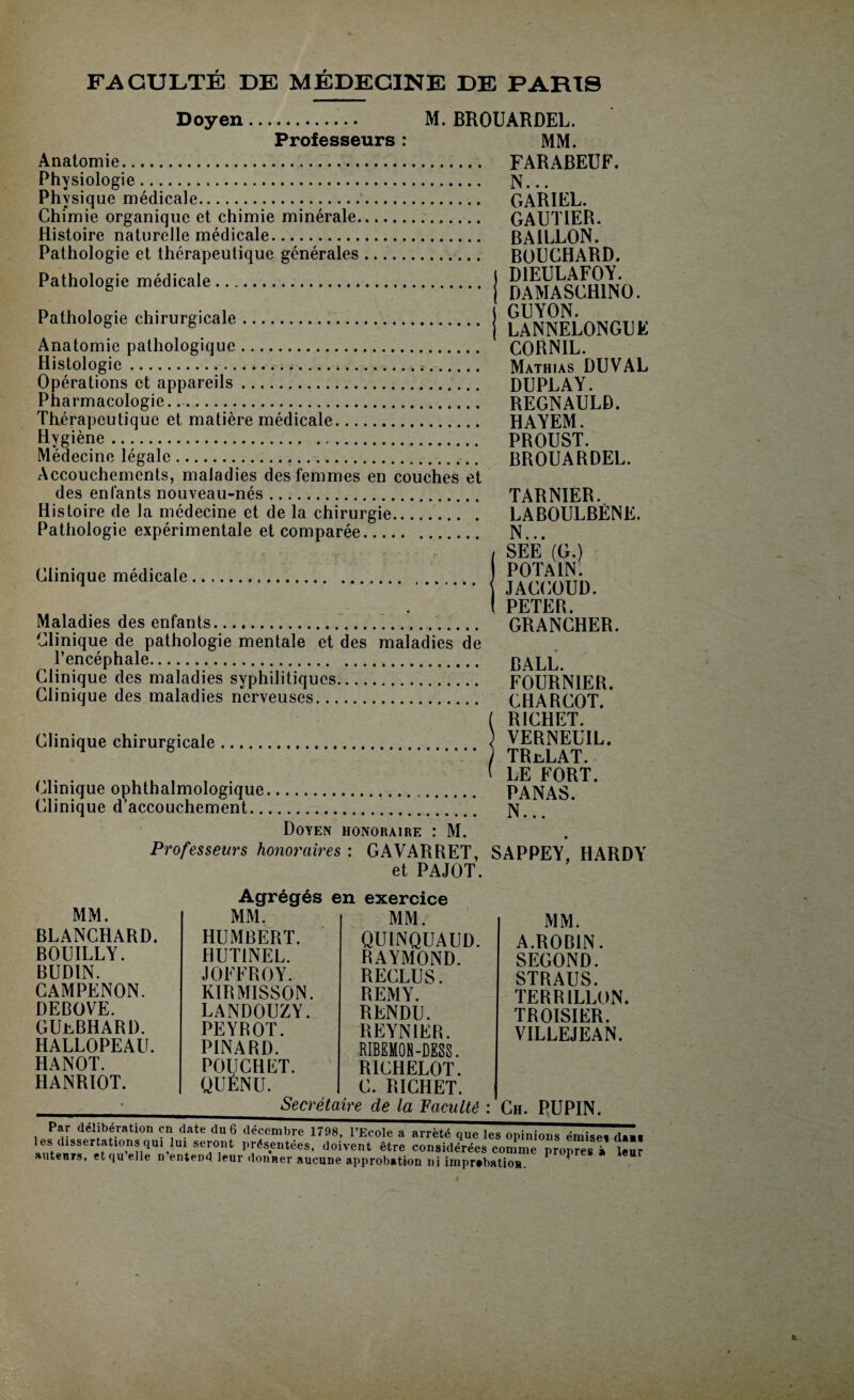 Doyen. M. BROUARDEL. Professeurs : MM. Anatomie... FARABEUF. Physiologie. N... Physique médicale. GARIEL. Chimie organique et chimie minérale.-.. GAUTIER. Histoire naturelle médicale. BAILLON. Pathologie et thérapeutique générales. BOUCHARD. Pathnlncrip médiralp I D1EULAF0Y. ramoiogie meaicaie. j DAMASCH1N0. Pathologie chirurgicale.. j LaNNELONGUK Anatomie pathologique. CORNIL. Histologie... Mathias DUVAL Opérations et appareils.. DUPLAY. Pharmacologie... REGNAULD. Thérapeutique et matière médicale. HAYEM. Hygiène. PROUST. Médecine légale...■.. BROUARDEL. Accouchements, maladies des femmes en couches et des enfants nouveau-nés... TARNIER. Histoire de la médecine et de la chirurgie. LABOULBÈNE. Pathologie expérimentale et comparée. N .. / SEE (G.) Clinique médicale. ] PPpAvîl'n j JALiljUUU. ( PETER. Maladies des enfants. GRANCHER. Clinique de pathologie mentale et des maladies de l’encéphale. BALL. Clinique des maladies syphilitiques. FOURNIER. Clinique des maladies nerveuses. CHARCOT ( RICHET. Clinique chirurgicale. < VERNEUIL. 4 6 ) TRjlLAT. ,M. • 1,1 , . ( LE FORT. Clinique ophthalmologique. PANAS. Clinique d’accouchement. N... Doyen honoraire : M. Professeurs honoraires : GAVARRET, SAPPEY HARDY et PAJOT. MM. BLANCHARD. BOUILLY. BUDIN. CAMPENON. DEBOVE. GUibBHARD. HALLOPEAU. HANOT. HANRIOT. Agrégés en exercice MM. MM. HUMBERT. QU1NQUAUD. HUT1NEL. RAYMOND. JO FF RO Y. RECLUS. KIRMISSON. REMY. LANDOUZY. RENDU. PEYROT. REYNIER. PINARD. RIBEMON-DESS. POUCHET. RICHELOT. QUÉNU. C. RICHET. Secrétaire de la Faculté : MM. A.ROBIN. SECOND. STRAUS. TERRILLON. TROISIER. VILLEJEAN. Ch. PUPIN. -- --nvo, 1 tcoie a arrête que les opinions émispi diii les dissertations qui luii seront présentées, doivent être considérées comme proZ i lllr auteurs, etqu elle n entend leur donner aucune approbation ni imprabatios.