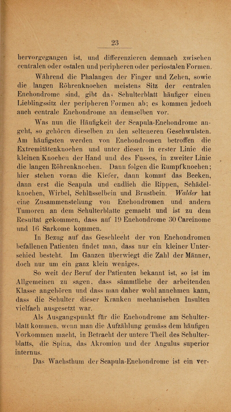 blrvorgegangen ist, und differenzieren demnach zwischen centralen oder ostalen und peripheren oder periostalen Formen. Während die Phalangen der Finger und Zehen, sowie die langen Röhrenknochen meistens Sitz der centralen Enchondrome sind, gibt da^ Schulterblatt häufiger einen Lieblingssitz der peripheren Formen ah; es kommen jedoch auch centrale Enchondrome an demselben vor. Was nun die Häufigkeit der Scapula-Enchondrome an¬ geht, so gehören dieselben zu den selteneren Geschwülsten. Am häufigsten werden von Enchondromen betroffen die Extremitätenknochen und unter diesen in erster Linie die kleinen Knochen der Hand und des Fusses, in zweiter Linie die langen Röhrenknochen. Dann folgen die Rumpfknochen; hier stehen voran die Kiefer, dann kommt das Becken, dann erst die Scapula und endlich die Rippen, Schädel¬ knochen, Wirbel, Schlüsselbein und Brustbein. Wälder hat eine Zusammenstellung von Enchondromen und andern Tumoren an dein Schulterblatte gemacht und ist zu dem Resultat gekommen, dass auf 19 Enchondrome 30 Carcinome und 16 Sarkome kommen. In Bezug auf das Geschlecht der von Enchondromen befallenen Patienten findet man, dass nur ein kleiner Unter¬ schied besteht. Im Ganzen über wiegt die Zahl der Männer, doch nur um ein ganz klein weniges. So weit der Beruf der Patienten bekannt ist, so ist im Allgemeinen zu sagen, dass sämmtliche der arbeitenden Klasse angehören und dass man daher wohl annehmen kann, dass die Schulter dieser Kranken mechanischen Insulten vielfach ausgesetzt war. Als Ausgangspunkt für die Enchondrome am Schulter¬ blatt kommen, wenn man die Aufzählung gemäss dem häufigen Vorkommen macht, in Betracht der untere Theil des Schulter¬ blatts, die Spina, das Akromion und der Angulus superior internus. Das Wachsthum der Scapula-Enchondrome ist ein vei> ✓