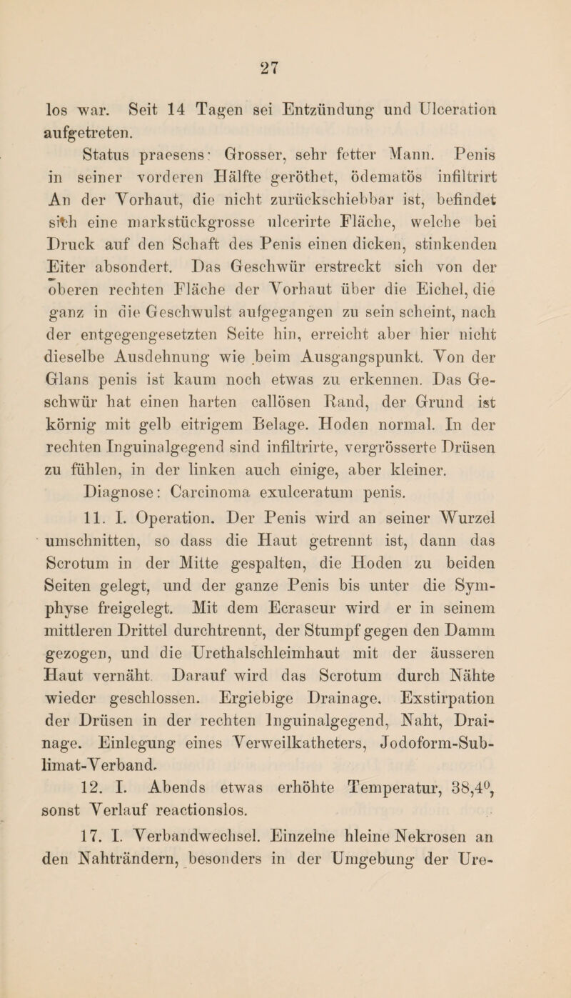 los war. Seit 14 Tagen sei Entzündung und Ulceration aufgetreten. Status praesens: Grosser, sehr fetter Mann. Penis in seiner vorderen Hälfte geröthet, ÖdematÖs infiltrirt An der Yorhaut, die nicht zurückschiebbar ist, befindet sit:h eine mark stückgrosse ulcerirte Fläche, welche bei Druck auf den Schaft des Penis einen dicken, stinkenden Eiter absondert. Das Geschwür erstreckt sich von der oberen rechten Fläche der Yorhaut über die Eichel, die ganz in die Geschwulst aufgegangen zu sein scheint, nach der entgegengesetzten Seite hin, erreicht aber hier nicht dieselbe Ausdehnung wie beim Ausgangspunkt. Yon der Glans penis ist kaum noch etwas zu erkennen. Das Ge¬ schwür hat einen harten callösen Rand, der Grund ist körnig mit gelb eitrigem Belage. Hoden normal. In der rechten Inguinalgegend sind infiltrirte, vergrösserte Drüsen zu fühlen, in der linken auch einige, aber kleiner. Diagnose: Carcinoma exulceratum penis. 11. I. Operation. Der Penis wird an seiner Wurzel Umschnitten, so dass die Haut getrennt ist, dann das Scrotum in der Mitte gespalten, die Hoden zu beiden Seiten gelegt, und der ganze Penis bis unter die Sym¬ physe freigelegt. Mit dem Ecraseur wird er in seinem mittleren Drittel durchtrennt, der Stumpf gegen den Damm gezogen, und die Urethalschleimhaut mit der äusseren Haut vernäht Darauf wird das Scrotum durch Nähte wieder geschlossen. Ergiebige Drainage, Exstirpation der Drüsen in der rechten Inguinalgegend, Naht, Drai¬ nage. Einlegung eines Yerweilkatheters, Jodoform-Sub- limat-Y erband, 12. I. Abends etwas erhöhte Temperatur, 38,4°, sonst Yerlauf reactionslos. 17. I. Verbandwechsel. Einzelne hieine Nekrosen an den Nahträndern, besonders in der Umgebung der Ure-