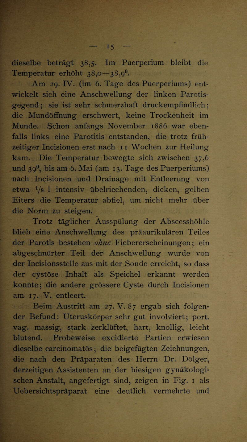dieselbe beträgt 38,5. Im Puerperium bleibt die Temperatur erhöht 38,0—38,9°. Am 29. IV. (im 6. Tage des Puerperiums) ent¬ wickelt sich eine Anschwellung der linken Parotis- gegend ; sie ist sehr schmerzhaft druckempfindlich; die Mundöffnung erschwert, keine Trockenheit im Munde. Schon anfangs November 1886 war eben¬ falls links eine Parotitis entstanden, die trotz früh¬ zeitiger Incisionen erst nach 11 Wochen zur Heilung kam. Die Temperatur bewegte sich zwischen 37,6 und 390, bis am 6. Mai (am 13. Tage des Puerperiums) nach Incisionen und Drainage mit Entleerung von etwa Vs 1 intensiv übelriechenden, dicken, gelben Eiters die Temperatur abfiel, um nicht mehr über die Norm zu steigen. Trotz täglicher Ausspülung der Abscesshöhle blieb eine Anschwellung des präaurikulären Teiles der Parotis bestehen ohne Fiebererscheinungen; ein abgeschnürter Teil der Anschwellung wurde von der Incisionsstelle aus mit der Sonde erreicht, so dass der cystöse Inhalt als Speichel erkannt werden konnte; die andere grössere Cyste durch Incisionen am 17. V. entleert. Beim Austritt am 27. V. 87 ergab sich folgen¬ der Befund: Uteruskörper sehr gut involviert; port. vag. massig, stark zerklüftet, hart, knollig, leicht blutend. Probeweise excidierte Partien erwiesen dieselbe carcinomatös; die beig*efügten Zeichnungen, die nach den Präparaten des Herrn Dr. Dölger, derzeitigen Assistenten an der hiesigen gynäkologi¬ schen Anstalt, angefertigt sind, zeigen in Fig. 1 als Uebersichtspräparat eine deutlich vermehrte und