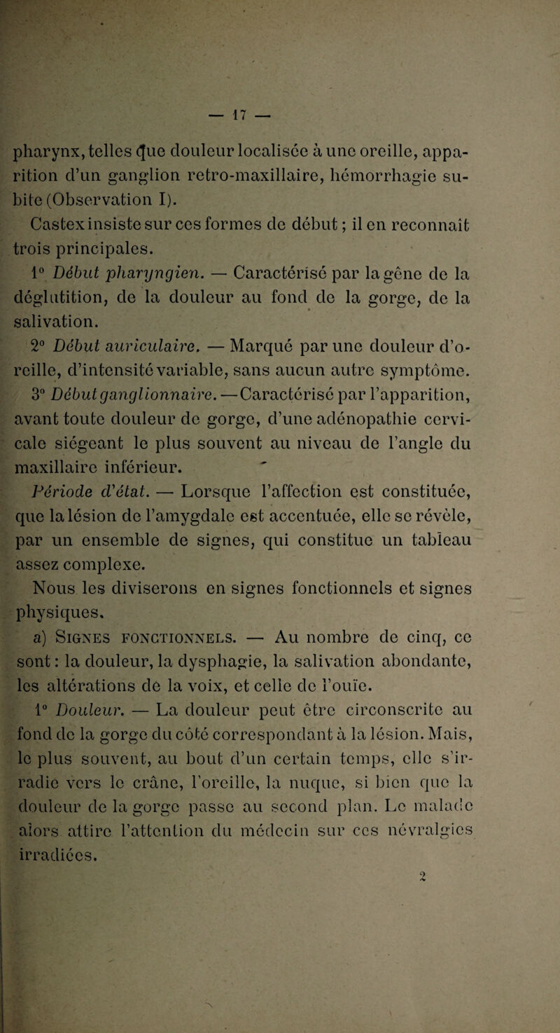 pharynx, telles (}ue douleur localisée aune oreille, appa¬ rition d’un ganglion retro-maxillaire, hémorrhagie su¬ bite (Observation I). Castex insiste sur ces formes de début ; il en reconnaît trois principales. 1° Début pharyngien. — Caractérisé par la gêne de la déglutition, de la douleur au fond de la gorge, de la » salivation. 2° Début auriculaire. — Marqué par une douleur d’o¬ reille, d’intensité variable, sans aucun autre symptôme. 3° Début ganglionnaire.—Caractérisé par l’apparition, avant toute douleur de gorge, d’une adénopathie cervi¬ cale siégeant le plus souvent au niveau de l’angle du maxillaire inférieur. Période d'état. — Lorsque l’affection est constituée, que la lésion de l’amygdale est accentuée, elle se révéle, par un ensemble de signes, qui constitue un tableau assez complexe. Nous les diviserons en signes fonctionnels et signes physiques, a) Signes fonctionnels. — Au nombre de cinq, ce sont : la douleur, la dysphagie, la salivation abondante, les altérations de la voix, et celle de l’ouïe. 1° Douleur. — La douleur peut être circonscrite au fond de la gorge du côté correspondant à la lésion. Mais, le plus souvent, au bout d’un certain temps, elle s’ir¬ radie vers le crâne, l’oreille, la nuque, si bien que la douleur de la gorge passe au second plan. Le malade alors attire l’attention du médecin sur ces névralgies irradiées.