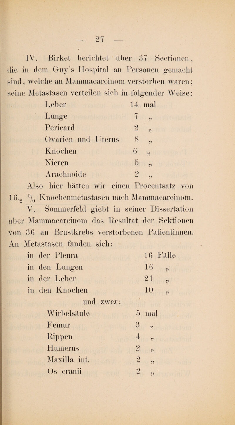 IV. Birket berichtet über 37 Sektionen, die in dem Guy’s Hospital an Personen gemacht sind, welche an Mammacareinom verstorben waren; seine Metastasen verteilen sich in folgender Weise: Leber 14 mal Lunge 7 „ Pericard 2 Ovarien lind Uterus Knochen Nieren Arachnoide 8 6 5 2 11 11 11 11 Also hier hätten wir einen Procentsatz von 16,2 °/0 Knochenmetastasen nach Mammacarcinom. V. Sommerfeld giebt in seiner Dissertation über Mammacarcinom das Resultat der Sektionen von 36 an Brustkrebs verstorbenen Patientinnen. An Metastasen fanden sich: in der Pleura 16 Fälle in den Lungen 16 11 in der Leber 21 11 in den Knochen 10 11 und zwar: Wirbelsäule 5 ma 1 Femur Rippen Humerus Maxilla int. Os cranii o 4 2 2 2 ii ii n ii n