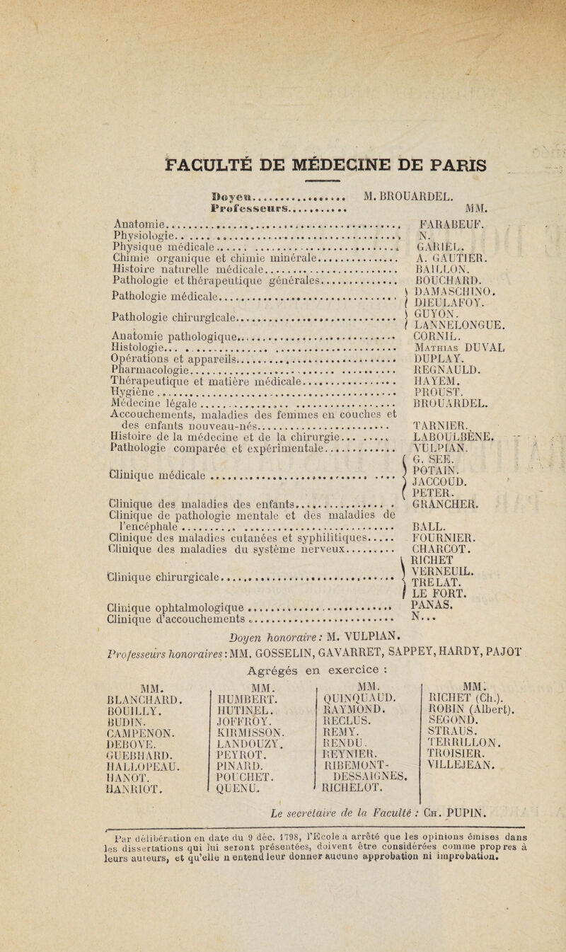 rm Bcèyesî.. M. BROUARDEL. Professeurs... MM. Anatomie... Physiologie....... Physique médicale... Chimie organique et chimie minérale..... Histoire naturelle médicale. Pathologie et thérapeutique générales. Pathologie médicale.... Pathologie chirurgicale. Anatomie pathologique. Histologie... .... Opérations et appareils... Pharmacologie..... Thérapeutique et matière médicale. Hygiène ... Médecine légale... Accouchements, maladies des femmes en couches et des enfants nouveau-nés. Histoire de la médecine et de la chirurgie.. Pathologie comparée et expérimentale.... Clinique médicale .... Clinique des maladies des enfants.. Clinique de pathologie mentale et des maladies de l’encéphale. Clinicj[ue des maladies cutanées et syphilitiques. Clinique des maladies du système nerveux.. .. Clinique chirurgicale. Clinique ophtalmologique..... • • Clinique d’accouchements .. FARABEUF. N. GARIEL. A. GAUTIER. BAILLON. BOUCHARD. \ DAMASCHUNO. I DIEULAFOY. GUYON. I LANNELONGUE. GORNIL. Mathias DU VAL DUPLAY. REGNAULD. HAYEM. PROUST. BROUARDEL. TARNIER. LAB0UL8ÈNE. - YULPIAN. ( G. SEE. ) POTAIN. ) JACCOUD. ( PETER. GRANCHER. BALL. FOURNIER. CHARCOT, l RICHET ] VERNEUIL. < TRELAT. I LE FORT, PANAS. N... Doyen honoraire : M. YULPIAN. Professeurs honorairesilslM., GOSSELIN, GAVARRET, SAPPEY, HARDY, PAJOl Agrégés en exercice : MxM. MM. MM. BLANCHARD. HUMBERT. QUINQUAUD. BOUILLY. HUTINEL. RAYMOND. IJUDIN- JOFFROY. RECLUS. CAMPENON. KIRMISSON. REMY. DEBOYE. LANDOUZY. RENDU. GUEBHARD. PEYROT. REYNIER. HALLOPEAU. PINARD. RlBEaiONT- HANOT. POUCHET. DESSAIGNES. HANRIOT. QU EN U. RICHELOT. MM. RICHET (Ch.). ROBIN (Albert). SECOND. STRAUS, TERRILLON. TROISIER. YILLEJEAN. Le secrétaire de la Faculté : Ch. PUPIN. Par délibération en date du 9 déc. 1798, l’Ecole a arrêté que les opinions émises dans les dissertations qui lui seront présentées, doivent être considérées comme propres à leurs auteurs, et qu’elle n entend leur donner aucune approbation ni improbation.