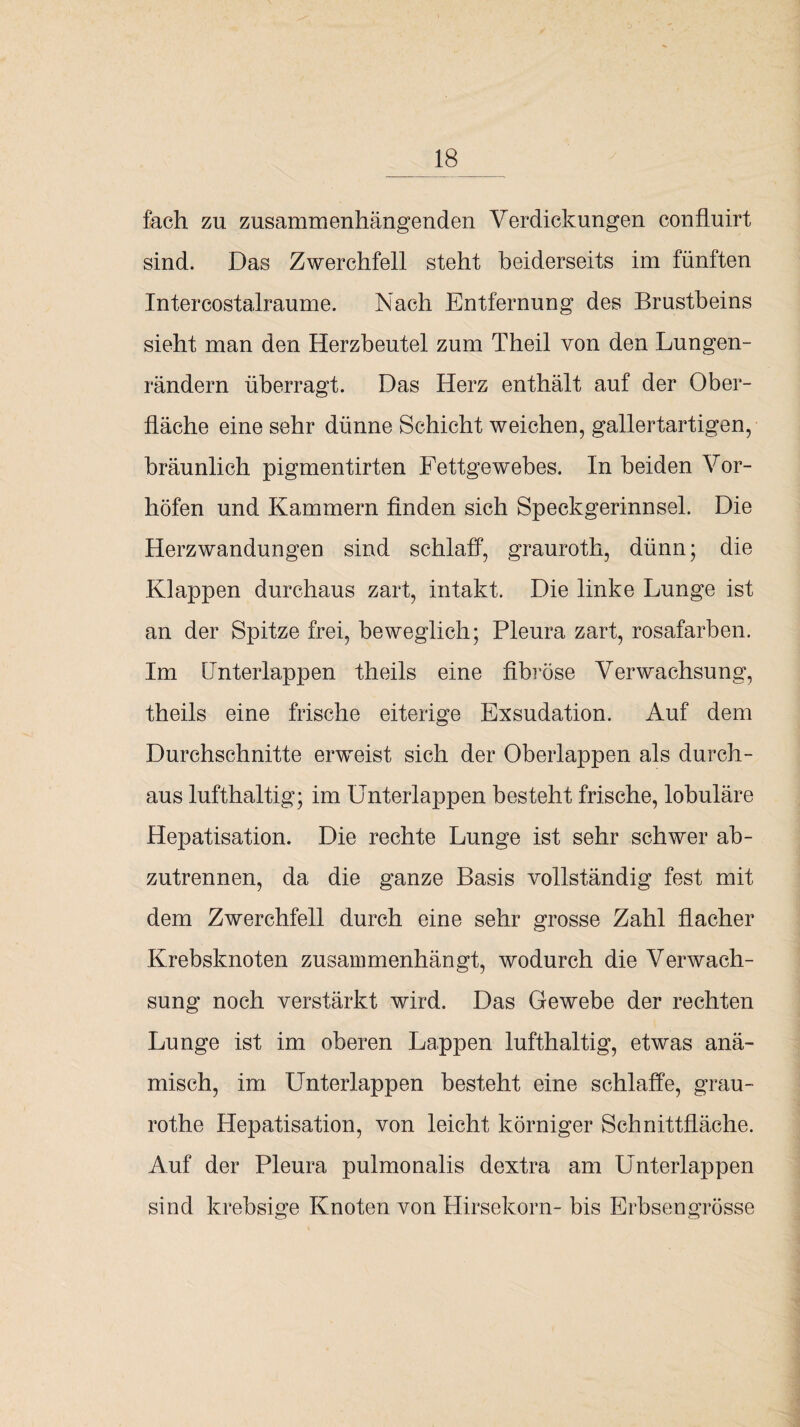 fach zu zusammenhängenden Verdickungen confluirt sind. Das Zwerchfell steht beiderseits im fünften Intercostalraume. Nach Entfernung des Brustbeins sieht man den Herzbeutel zum Theil von den Lungen¬ rändern überragt. Das Herz enthält auf der Ober¬ fläche eine sehr dünne Schicht weichen, gallertartigen, bräunlich pigmentirten Fettgewebes. In beiden Vor¬ höfen und Kammern finden sich Speckgerinnsel. Die Herzwandungen sind schlaff, grauroth, dünn; die Klappen durchaus zart, intakt. Die linke Lunge ist an der Spitze frei, beweglich; Pleura zart, rosafarben. Im [Jnterlappen theils eine fibröse Verwachsung, theils eine frische eiterige Exsudation. Auf dem Durchschnitte erweist sich der Oberlappen als durch¬ aus lufthaltig; im Unterlappen besteht frische, lobuläre Hepatisation. Die rechte Lunge ist sehr schwer ab¬ zutrennen, da die ganze Basis vollständig fest mit dem Zwerchfell durch eine sehr grosse Zahl flacher Krebsknoten zusammenhängt, wodurch die Verwach¬ sung noch verstärkt wird. Das Gewebe der rechten Lunge ist im oberen Lappen lufthaltig, etwas anä¬ misch, im Unterlappen besteht eine schlaffe, grau- rothe Hepatisation, von leicht körniger Schnittfläche. Auf der Pleura pulmonalis dextra am Unterlappen sind krebsige Knoten von Hirsekorn- bis Erbsengrösse