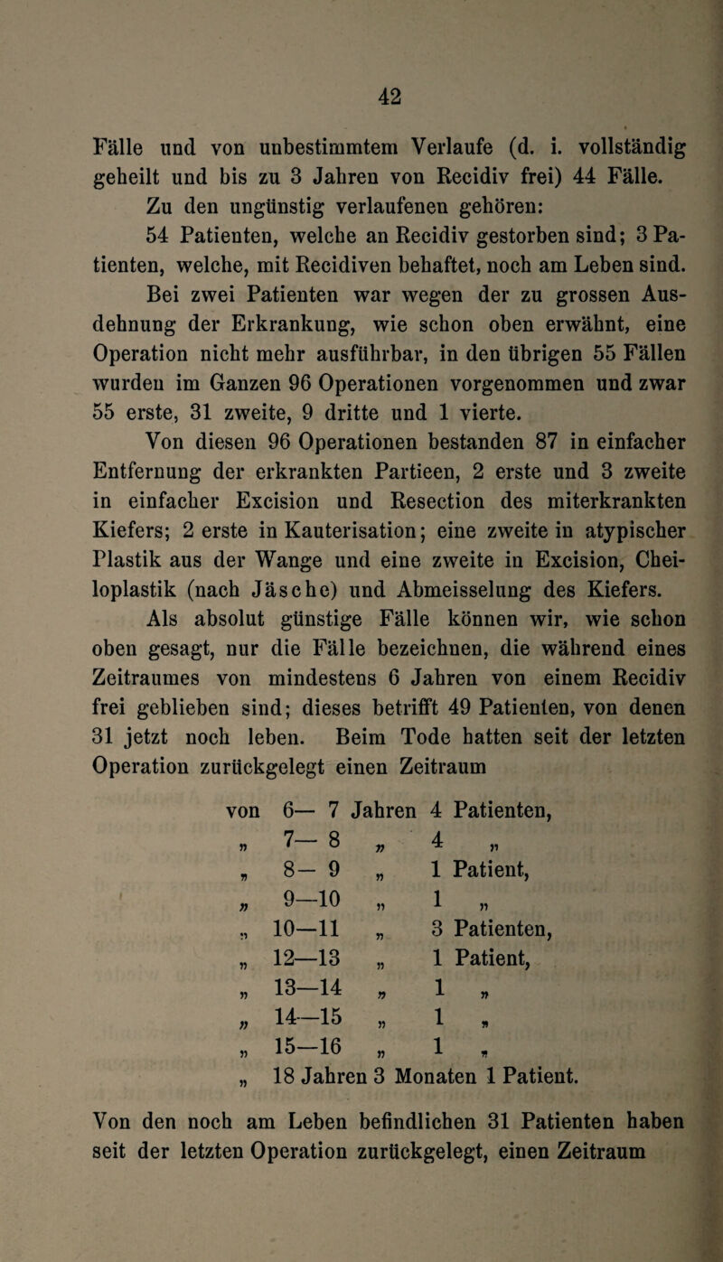 Fälle und von unbestimmtem Verlaufe (d. i. vollständig geheilt und bis zu 3 Jahren von Recidiv frei) 44 Fälle. Zu den ungünstig verlaufenen gehören: 54 Patienten, welche an Recidiv gestorben sind; 3 Pa¬ tienten, welche, mit Recidiven behaftet, noch am Leben sind. Bei zwei Patienten war wegen der zu grossen Aus¬ dehnung der Erkrankung, wie schon oben erwähnt, eine Operation nicht mehr ausführbar, in den übrigen 55 Fällen wurden im Ganzen 96 Operationen vorgenommen und zwar 55 erste, 31 zweite, 9 dritte und 1 vierte. Von diesen 96 Operationen bestanden 87 in einfacher Entfernung der erkrankten Partieen, 2 erste und 3 zweite in einfacher Excision und Resection des miterkrankten Kiefers; 2 erste in Kauterisation; eine zweitein atypischer Plastik aus der Wange und eine zweite in Excision, Chei- loplastik (nach Jäsche) und Abmeisselung des Kiefers. Als absolut günstige Fälle können wir, wie schon oben gesagt, nur die Fälle bezeichnen, die während eines Zeitraumes von mindestens 6 Jahren von einem Recidiv frei geblieben sind; dieses betrifft 49 Patienten, von denen 31 jetzt noch leben. Beim Tode hatten seit der letzten Operation zurückgelegt einen Zeitraum von 6- - 7 Jahren 4 Patienten, » 7- - 8 V 4 „ V 8- - 9 n 1 Patient, n 9- -10 n 1 „ 10- -11 » 3 Patienten, » 12- -13 » 1 Patient, 13- -14 r> 1 » n 14 -15 » 1 , 15- -16 n 1 , „ 18 Jahren 3 Monaten 1 Patient. Von den noch am Leben befindlichen 31 Patienten haben seit der letzten Operation zurückgelegt, einen Zeitraum