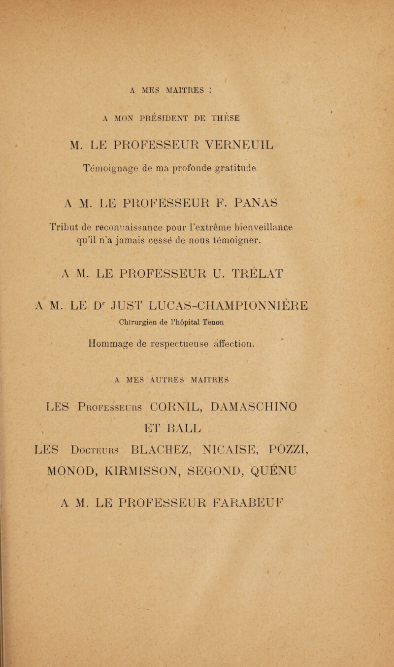 A MES MAITRES : A MON PRÉSIDENT DE THESE M. LE PROFESSEUR VERNEUIL Témoignage de ma profonde gratitude. A M. LE PROFESSEUR F. PANAS Tribut de reconnaissance pour l’extrême bienveillance qu’il n’a jamais cessé de nous témoigner. A M. LE PROFESSEUR U. TRÉLAT A M. LE Dr JUST LUCAS-CFIAM PIONNIÈRE Chirurgien de l’hôpital Tenon Hommage de respectueuse affection. A MES AUTRES MAITRES LES Professeurs CORNIL, D AM ASCI I I NO ET BALL LES Docj l’EURS BLACHEZ, NICAÏSE, POZZI, MONOD, KIRMISSON, SECOND, QUÉNU A M. LE PROFESSEUR FARABEUF