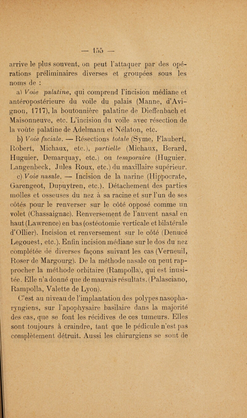 arrive le plus souvent, on peut l’attaquer par des opé¬ rations préliminaires diverses et groupées sous les noms de : a) Voie palatine, qui comprend l’incision médiane et antéropostérieure du voile du palais (Manne, d’Avi¬ gnon, 1717), la boutonnière palatine de Dieffenbach et Maisonneuve, etc. L’incision du voile avec résection de la voûte palatine de Adelmann et Nélaton, etc. b) Voie faciale. — Résections totale (Syme, Flaubert, Robert, Michaux, etc.), partielle (Michaux, Berard, Huguier, Demarquay, etc.) ou temporaire (Huguier, Langenbeck, Jules Roux, etc.) du maxillaire supérieur. c) Voie nasale. — Incision de la narine (Hippocrate, Garengeot, Dupuytren, etc.). Détachement des parties molles et osseuses du nez à sa racine et sur l’un de ses côtés pour le renverser sur le côté opposé comme un volet (Chassaignac). Renversement de l’auvent nasal en haut (Lawrence) en bas (ostéotomie verticale et bilatérale d’Ollier). Incision et renversement sur le côté (Denucé Legouest, etc.). Enfin incision médiane sur le dos du nez complétée de diverses façons suivant les cas (Verneuil, Roser de Margourg). De la méthode nasale on peut rap¬ procher la méthode orbitaire (Rampolla), qui est inusi¬ tée. Elle n’adonné que de mauvais résultats. (Palasciano, Rampolla, Valette de Lyon). C’est au niveau de l’implantation des polypes nasopha- ryngiens, sur l’apophysaire basilaire dans la majorité des cas, que se font les récidives de ces tumeurs. Elles sont toujours à craindre, tant que le pédicule n’est pas complètement détruit. Aussi les chirurgiens se sont de