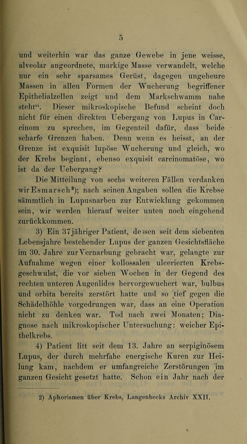 und weiterhin war das ganze Gewebe in jene weisse, alveolar angeordnete, markige Masse verwandelt, welche nur ein sehr sparsames Gerüst, dagegen ungeheure Massen in allen Formen der Wucherung begriffener Epithelialzellen zeigt und dem Markschwamm nahe stellt“. Dieser mikroskopische Befund scheint doch nicht für einen direkten Uebergang von Lupus in Car- cinom zu sprechen, im Gegenteil dafür, dass beide scharfe Grenzen haben. Denn wenn es heisst, an der Grenze ist exquisit lupöse Wucherung und gleich, wo der Krebs beginnt, ebenso exquisit carcinomatöse, wo ist da der Uebergang? Die Mitteilung von sechs weiteren Fällen verdanken wirEsmarsch2); nach seinen Angaben sollen die Krebse sämmtlich in Lupusnarben zur Entwicklung gekommen sein, wir werden hierauf weiter unten noch eingehend zurückkommen. 3) Ein 37jähriger Patient, dessen seit dem siebenten Lebensjahre bestehender Lupus der ganzen Gesichtsfläche im 30. Jahre zurYernarbung gebracht war, gelangte zur Aufnahme wegen einer kollossalen ulcerierten Krebs¬ geschwulst, die vor sieben Wochen in der Gegend des rechten unteren Augenlides hervorgewuchert war, bulbus und orbita bereits zerstört hatte und so Jief gegen die Schädelhöhle vorgedrungen war, dass an eine Operation nicht zu denken war. Tod nach zwei Monaten; Dia¬ gnose nach mikroskopischer Untersuchung: weicher Epi¬ thelkrebs. 4) Patient litt seit dem 13. Jahre an serpiginösem Lupus, der durch mehrfahe energische Kuren zur Hei¬ lung kam, nachdem er umfangreiche Zerstörungen ’im ganzen Gesicht gesetzt hatte. Schon ein Jahr nach der 2) Aphorismen über Krebs, Langenbecks Archiv XXU, %