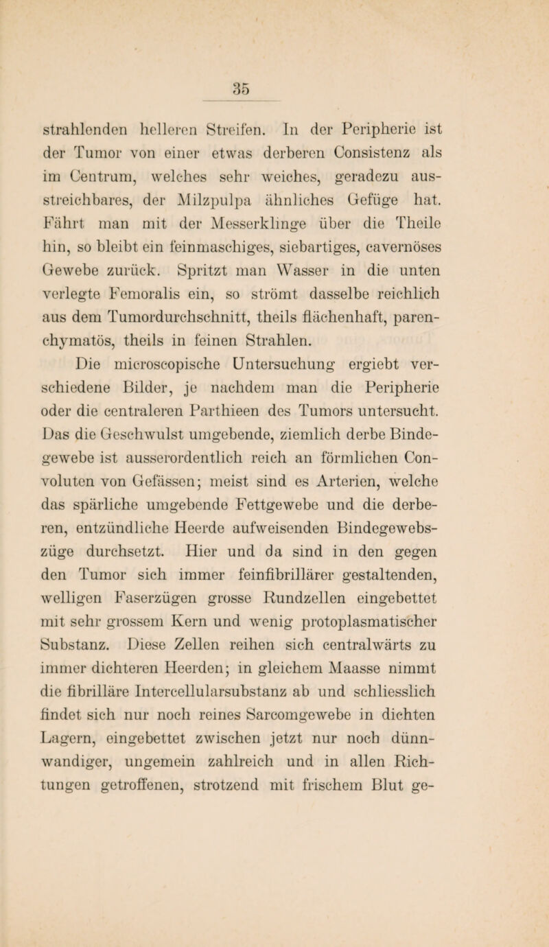 strahlenden helleren Streifen. In der Peripherie ist der Tumor von einer etwas derberen Consistenz als im Centrum, welches sehr weiches, geradezu aus¬ streichbares, der Milzpulpa ähnliches Gefüge hat. Fährt man mit der Messerklinge über die Theile hin, so bleibt ein feinmaschiges, siebartiges, cavernöses Gewebe zurück. Spritzt man Wasser in die unten verlegte Femoralis ein, so strömt dasselbe reichlich aus dem Tumordurchschnitt, theils flächenhaft, paren¬ chymatös, theils in feinen Strahlen. Die microscopische Untersuchung ergiebt ver¬ schiedene Bilder, je nachdem man die Peripherie oder die centraloren Parthieen des Tumors untersucht. Das die Geschwulst umgebende, ziemlich derbe Binde¬ gewebe ist ausserordentlich reich an förmlichen Con- voluten von Gefässen; meist sind es Arterien, welche das spärliche umgebende Fettgewebe und die derbe¬ ren, entzündliche Heerde aufweisenden Bindegewebs- züge durchsetzt. Hier und da sind in den gegen den Tumor sich immer feinfibrillärer gestaltenden, welligen Faserzügen grosse Rundzellen eingebettet mit sehr grossem Kern und wenig protoplasmatischer Substanz. Diese Zellen reihen sich centralwärts zu immer dichteren Heerden; in gleichem Maasse nimmt die fibrilläre Intercellularsubstanz ab und schliesslich findet sich nur noch reines Sarcomgewebe in dichten Lagern, eingebettet zwischen jetzt nur noch dünn¬ wandiger, ungemein zahlreich und in allen Rich¬ tungen getroffenen, strotzend mit frischem Blut ge-