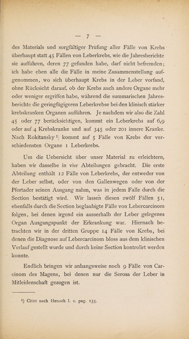 des Materials und sorgfältiger Prüfung aller Fälle von Krebs überhaupt statt 45 Fällen von Leberkrebs, wie die Jahresberichte sie aufiführen, deren 77 gefunden habe, darf nicht befremden; ich habe eben alle die Fälle in meine Zusammenstellung auf¬ genommen, wo sich überhaupt Krebs in der Leber vorfand, ohne Rücksicht darauf, ob der Krebs auch andere Organe mehr oder weniger ergriffen habe, während die summarischen Jahres¬ berichte die geringfügigeren Leberkrebse bei den klinisch stärker krebskranken Organen aufführen. Je nachdem wir also die Zahl 45 oder 77 berücksichtigen, kommt ein Leberkrebs auf 6,9 oder auf 4 Krebskranke und auf 345 oder 201 innere Kranke. Nach Rokitansky!) kommt auf 5 Fälle von Krebs der ver¬ schiedensten Organe 1 Leberkrebs. Um die Uebersicht über unser Material zu erleichtern, haben wir dasselbe in vier Abteilungen gebracht. Die erste Abteilung enthält 12 Fälle von Leberkrebs, der entweder von der Leber selbst, oder von den Gallenwegen oder von der Pfortader seinen Ausgang nahm, was in jedem Falle durch die Section bestätigt wird. Wir lassen diesen zwölf Fällen 51, ebenfalls durch die Section beglaubigte Fälle von Lebercarcinom folgen, bei denen irgend ein ausserhalb der Leber gelegenes Organ Ausgangspunkt der Erkrankung war. Hiernach be¬ trachten wir in der dritten Gruppe 14 Fälle von Krebs, bei denen die Diagnose auf Lebercarcinom bloss aus dem klinischen Verlauf gestellt wurde und durch keine Section kontrolirt werden konnte. Endlich bringen wir anhangsweise noch 9 Fälle von Car- cinom des Magens, bei denen nur die Serosa der Leber in Mitleidenschaft gezogen ist. !) Citirt nach Henoch ]. c. pag. 135.