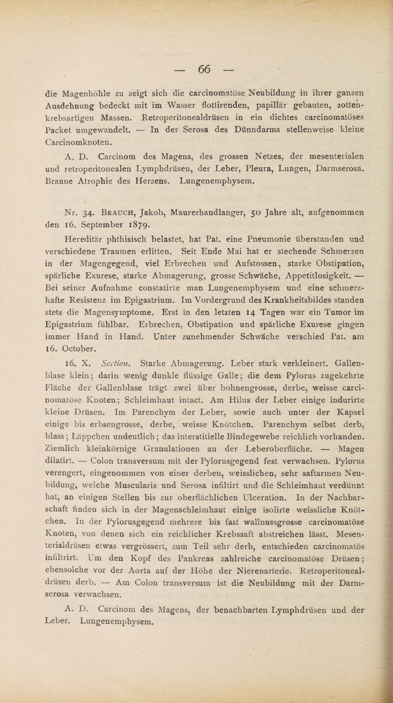die Magenhöhle zu zeigt sich die carcinomatöse Neubildung in ihrer ganzen • Ausdehnung bedeckt mit im Wasser flottirenden, papillär gebauten, zotten¬ krebsartigen Massen. Retroperitonealdrüsen in ein dichtes carcinomatöses Packet umgewandelt. — In der Serosa des Dünndarms stellenweise kleine Carcinomknoten. A. D. Carcinom des Magens, des grossen Netzes, der mesenterialen und retroperitonealen Lymphdrüsen, der Leber, Pleura, Lungen, Darmserosa. Braune Atrophie des Herzens. Lungenemphysem. Nr. 34. Brauch, Jakob, Maurerhandlanger, 50 Jahre alt, aufgenommen den 16. September 1879. Hereditär phthisisch belastet, hat Pat. eine Pneumonie überstanden und verschiedene Traumen erlitten. Seit Ende Mai hat er stechende Schmerzen in der Magengegend, viel Erbrechen und Aufstossen, starke Obstipation, spärliche Exurese, starke Abmagerung, grosse Schwäche, Appetitlosigkeit. — Bei seiner Aufnahme constatirte man Lungenemphysem und eine schmerz¬ hafte Resistenz im Epigastrium. Im Vordergrund des Krankheitsbildes standen stets die Magensymptome. Erst in den letzten 14 Tagen war ein Tumor im Epigastrium fühlbar. Erbrechen, Obstipation und spärliche Exurese gingen immer Hand in Hand. Unter zunehmender Schwäche verschied Pat. am 16. October. 16. X. Section. Starke Abmagerung. Leber stark verkleinert. Gallen¬ blase klein5 darin wenig dunkle flüssige Galle* die dem Pylorus zugekehrte Fläche der Gallenblase trägt zwei über bohnengrosse, derbe, weisse carci¬ nomatöse Knoten; Schleimhaut intact. Am Hilus der Leber einige indurirte kleine Drüsen. Im Parenchym der Leber, sowie auch unter der Kapsel einige bis erbsengrosse, derbe, weisse Knötchen. Parenchym selbst derb, blass; Läppchen undeutlich; das interstitielle Bindegewebe reichlich vorhanden. Ziemlich kleinkörnige Granulationen an der Leberoberfläche. — Magen dilatirt. — Colon transversum mit der Pylorusgegend fest verwachsen. Pylorus verengert, eingenommen von einer derben, weisslichen, sehr saftarmen Neu¬ bildung, welche Muscularis und Serosa infiltirt und die Schleimhaut verdünnt hat, an einigen Stellen bis zur oberflächlichen Ulceration. In der Nachbar¬ schaft finden sich in der Magenschleimhaut einige isolirte weissliche Knöt¬ chen. In der Pylorusgegend mehrere bis fast wallnussgrosse carcinomatöse Knoten, von denen sich ein reichlicher Krebssaft abstreichen lässt. Mesen¬ terialdrüsen etwas vergrössert, zum Teil sehr derb, entschieden carcinomatös inflltrirt. Lm den Kopf des Pankreas zahlreiche carcinomatöse Drüsen; ebensolche vor der Aorta auf der Höhe der Nierenarterie. Retroperitoneal¬ drüsen derb. — Am Colon transversum ist die Neubildung mit der Darm¬ serosa verwachsen. A. D. Carcinom des Magens, der benachbarten Lymphdrüsen und der Leber. Lungenemphysem.