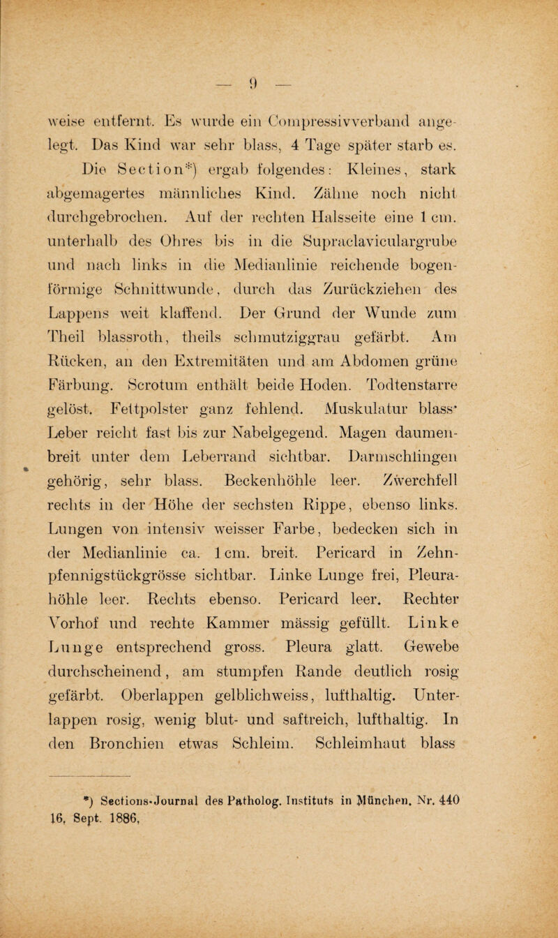 weise entfernt. Es wurde ein Compressivverband ange¬ legt. Das Kind war sehr blass, 4 Tage später starb es. Die 8 e c t i o n *) ergab folgendes : Kleines, stark abgemagertes männliches Kind. Zähne noch nicht durch gebrochen. Auf der rechten Halsseite eine 1 cm. unterhalb des Ohres bis in die Supraclaviculargrube und nach links in die Medianlinie reichende bogen¬ förmige Schnittwunde, durch das Zurückziehen des Lappens weit klaffend. Der Grund der Wunde zum Theil blassroth, theils schmutziggrau gefärbt. Am Rücken, an den Extremitäten und am Abdomen grüne Färbung. Scrotum enthält beide Hoden. Todtenstarre gelöst. Fettpolster ganz fehlend. Muskulatur blass* Leber reicht fast bis zur Nabelgegend. Magen daumen¬ breit unter dem Leberrand sichtbar. Darmschlingen gehörig, sehr blass. Beckenhöhle leer. Zwerchfell rechts in der Höhe der sechsten Rippe, ebenso links. Lungen von intensiv weisser Farbe, bedecken sich in der Medianlinie ca. 1 cm. breit. Pericard in Zehn¬ pfennigstückgrösse sichtbar. Linke Lunge frei, Pleura¬ höhle leer. Rechts ebenso. Pericard leer. Rechter Vorhof und rechte Kammer mässig gefüllt. Linke Lunge entsprechend gross. Pleura glatt. Gewebe durchscheinend, am stumpfen Rande deutlich rosig gefärbt. Oberlappen gelblichweiss, lufthaltig. Unter- lappen rosig, wenig blut- und saftreich, lufthaltig. In den Bronchien etwas Schleim. Schleimhaut blass *) Sections-Joumal des Patholog. Instituts in München. Nr. 440 16, Sept. 1886,