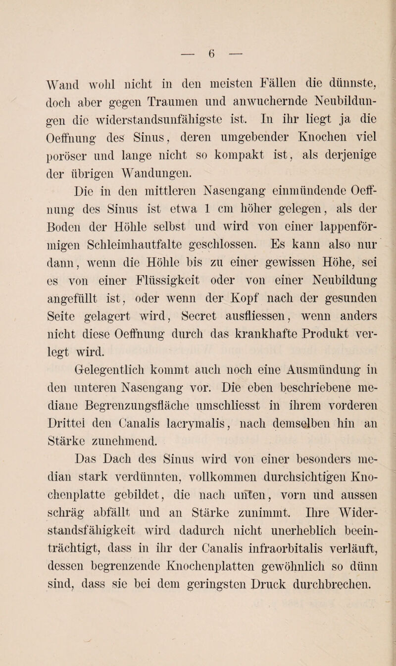 Wand wohl nicht in den meisten Fällen die dünnste, doch aber gegen Traumen und anwuchernde Neubildun¬ gen die widerstandsunfähigste ist. In ihr liegt ja die Oeffnung des Sinus , deren umgebender Knochen viel poröser und lange nicht so kompakt ist, als derjenige der übrigen Wandungen. Die in den mittleren Nasengang einmündende Oeff¬ nung des Sinus ist etwa 1 cm höher gelegen, als der Boden der Höhle selbst und wird von einer lappenför¬ migen Schleimhautfalte geschlossen. Es kann also nur dann, wenn die Höhle bis zu einer gewissen Höhe, sei es von einer Flüssigkeit oder von einer Neubildung angefüllt ist, oder wenn der Kopf nach der gesunden Seite gelagert wird, Secret ausfliessen, wenn anders nicht diese Oeffnung durch das krankhafte Produkt ver¬ legt wird. Gelegentlich kommt auch noch eine Ausmündung in den unteren Nasengang vor. Die eben beschriebene me¬ diane Begrenzungsfläche umschliesst in ihrem vorderen Drittel den Canalis lacrymalis, nach demselben hin an Stärke zunehmend. Das Dach des Sinus wird von einer besonders me¬ dian stark verdünnten, vollkommen durchsichtigen Kno¬ chenplatte gebildet, die nach unten, vorn und aussen schräg abfällt und an Stärke zunimmt. Ihre Wider¬ standsfähigkeit wird dadurch nicht unerheblich beein¬ trächtigt, dass in ihr der Canalis infraorbitalis verläuft, dessen begrenzende Knochenplatten gewöhnlich so dünn sind, dass sie bei dem geringsten Druck durchbrechen.