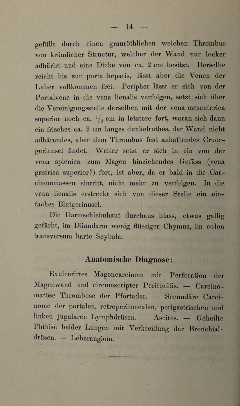 gefüllt durch einen grauröthlichen weichen Thrombus von krümlicher Structur, welcher der Wand nur locker adhärirt und eine Dicke von ca. 2 cm besitzt. Derselbe reicht bis zur porta hepatis, lässt aber die Venen der Leber vollkommen frei. Peripher lässt er sich von der Portalvene in die vena lienalis verfolgen, setzt sich über die Vereinigungsstelle derselben mit der vena mesenterica superior noch ca. 1/2 cm in letztere fort, woran sich dann ein frisches ca. 2 cm langes dunkelrothes, der Wand nicht adhärendes, aber dem Thrombus fest anhaftendes Cruor- gerinnsel findet. Weiter setzt er sich in ein von der vena splenica zum Magen hinziehendes Gefäss (vena gastrica superior?) fort, ist aber, da er bald in die Car- cinommassen eintritt, nicht mehr zu verfolgen. In die vena lienalis erstreckt sich von dieser Stelle ein ein¬ faches Blutgerinnsel. Die Darmschleimhaut durchaus blass, etwas gallig gefärbt, im Dünndarm wenig flüssiger Chvmus, im colon transversum harte Scybala. Anatomische Diagnose: Exulcerirtes Magencarcinom mit Perforation der Magenwand und circumscripter Peritonitis. — Carcino- matöse Thrombose der Pfortader. — Secundäre Carci- nome der portalen, retroperitonealen, perigastrischen und linken jugularen Lymphdrüsen. — Ascites. — Geheilte I hthise beider Lungen mit Verkreidung der Bronchial¬ drüsen. — Leberangiom.