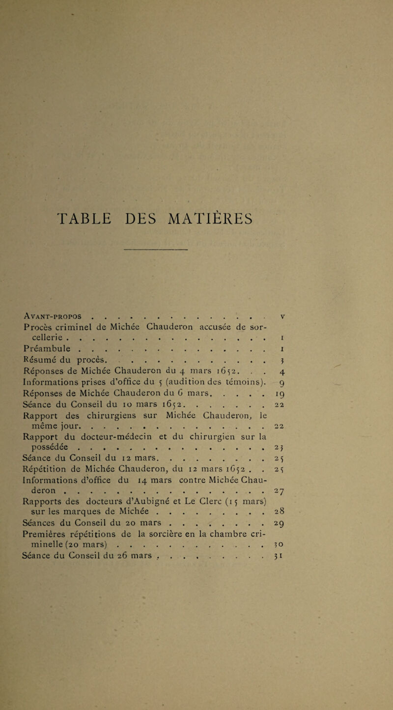 TABLE DES MATIÈRES Avant-propos. v Procès criminel de Michée Chauderon accusée de sor¬ cellerie .i Préambule.i Résumé du procès. .3 Réponses de Michée Chauderon du 4 mars 1652. . . 4 Informations prises d’office du 5 (audition des témoins). 9 Réponses de Michée Chauderon du G mars.ig Séance du Conseil du 10 mars 1632.22 / Rapport des chirurgiens sur Michée Chauderon, le même jour.22 Rapport du docteur-médecin et du chirurgien sur la possédée.2 3 Séance du Conseil du 12 mars.25 Répétition de Michée Chauderon, du 12 mars 1G52 . . 2^ Informations d’office du 14 mars contre Michée Chau¬ deron .27 Rapports des docteurs d’Aubigné et Le Clerc (15 mars) sur les marques de Michée.28 Séances du Conseil du 20 mars.29 Premières répétitions de la sorcière en la chambre cri¬ minelle (20 mars).30 Séance du Conseil du 26 mars ..31