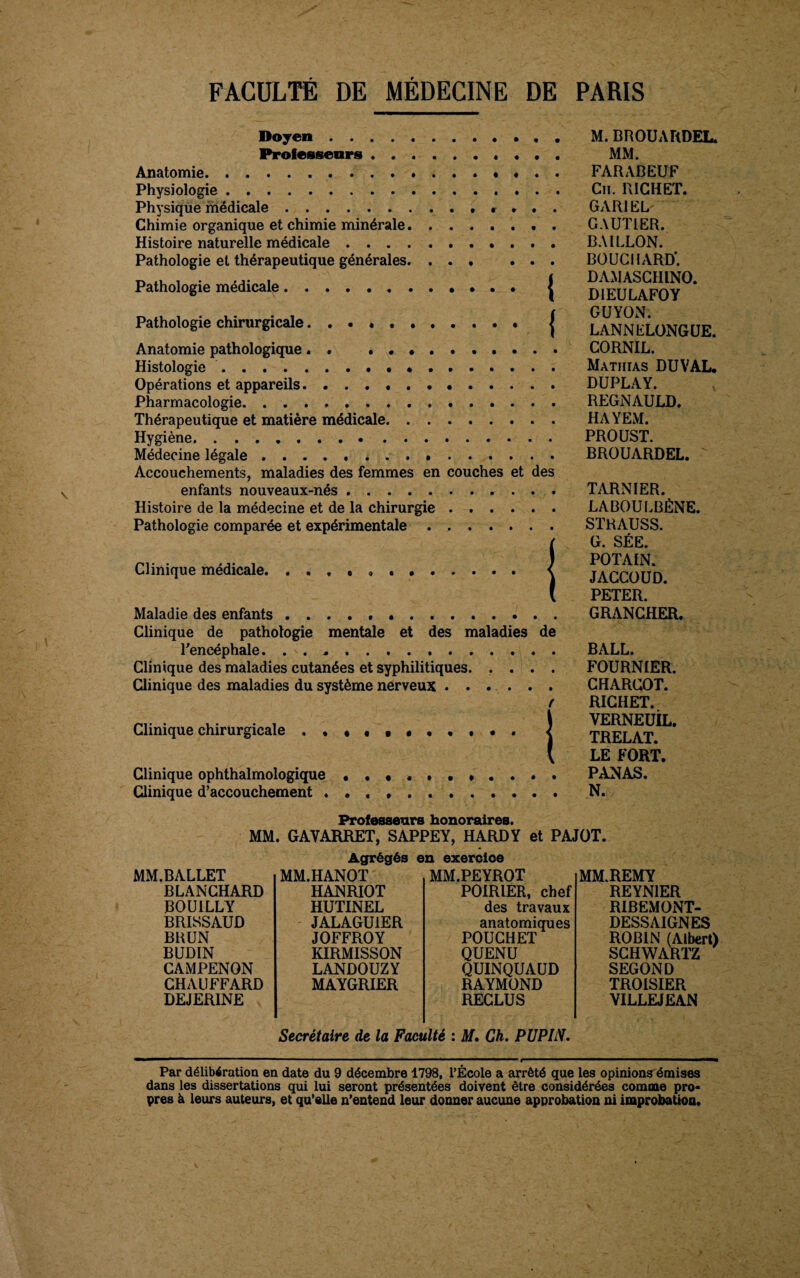Doyen.. . , Professeurs.. , Anatomie.. • . . Physiologie. Physique médicale.. « . * . Chimie organique et chimie minérale. Histoire naturelle médicale.. Pathologie et thérapeutique générales. ... . . . Pathologie médicale. j Pathologie chirurgicale . | Anatomie pathologique. . .. Histologie... Opérations et appareils. Pharmacologie. Thérapeutique et matière médicale. Hygiène. Médecine légale .. Accouchements, maladies des femmes en couches et des enfants nouveaux-nés. Histoire de la médecine et de la chirurgie. Pathologie comparée et expérimentale. Clinique médicale. .. \ Maladie des enfants .. Clinique de pathologie mentale et des maladies de l'encéphale.. Clinique des maladies cutanées et syphilitiques. Clinique des maladies du système nerveux. Clinique chirurgicale f I Clinique ophthalmologique Clinique d’accouchement , M. BROUARDEL. MM. FARABEUF Cil. RICHET. GARIEL' GAUTIER. BAILLON. BOUCHARD’. DAMASCHINO. D1EULAFOY GUYÔN. LANNELONGUE. CORNIL. Matiiias DUVAL. DUPLAY. REGNAULD. HAYEM. PROUST. BROUARDEL. TARN IER. LABOULBÈNE. STRAUSS. G. SÉE. POTAIN. JACCOUD. PETER. GRANCHER. BALL. FOURNIER. CHARCOT. RICHET. VERNEUÎL. TRELAT. LE FORT. PANAS. N. Professeurs honoraires. MM. GAYARRET, SAPPEY, HARDY et PAJOT. Agrégés en exercioe MM.BALLET BLANCHARD BOUILLY BRISSAUD BRUN BUDIN CAMPENON CHAUFFARD DEJERINE MM.HANOT HANRIOT HUTINEL JALAGU1ER JOFFROY KIRMISSON LANDOUZY MAYGRIER MM.PEYROT POIRIER, chef des travaux anatomiques POUCHET QUENU QUINQUAUD RAYMOND RECLUS MM. REMY REYNIER RIBEMONT- DESSAIGNES ROBIN (Albert) SCHWARTZ SEGOND TROISIER VILLEJEAN Secrétaire de la Faculté : M. Ch. PUPIN. Par délibération en date du 9 décembre 1798, l’École a arrêté que les opinions émises dans les dissertations qui lui seront présentées doivent être considérées comme pro¬ pres à leurs auteurs, et qu’elle n’entend leur donner aucune approbation ni improbation.