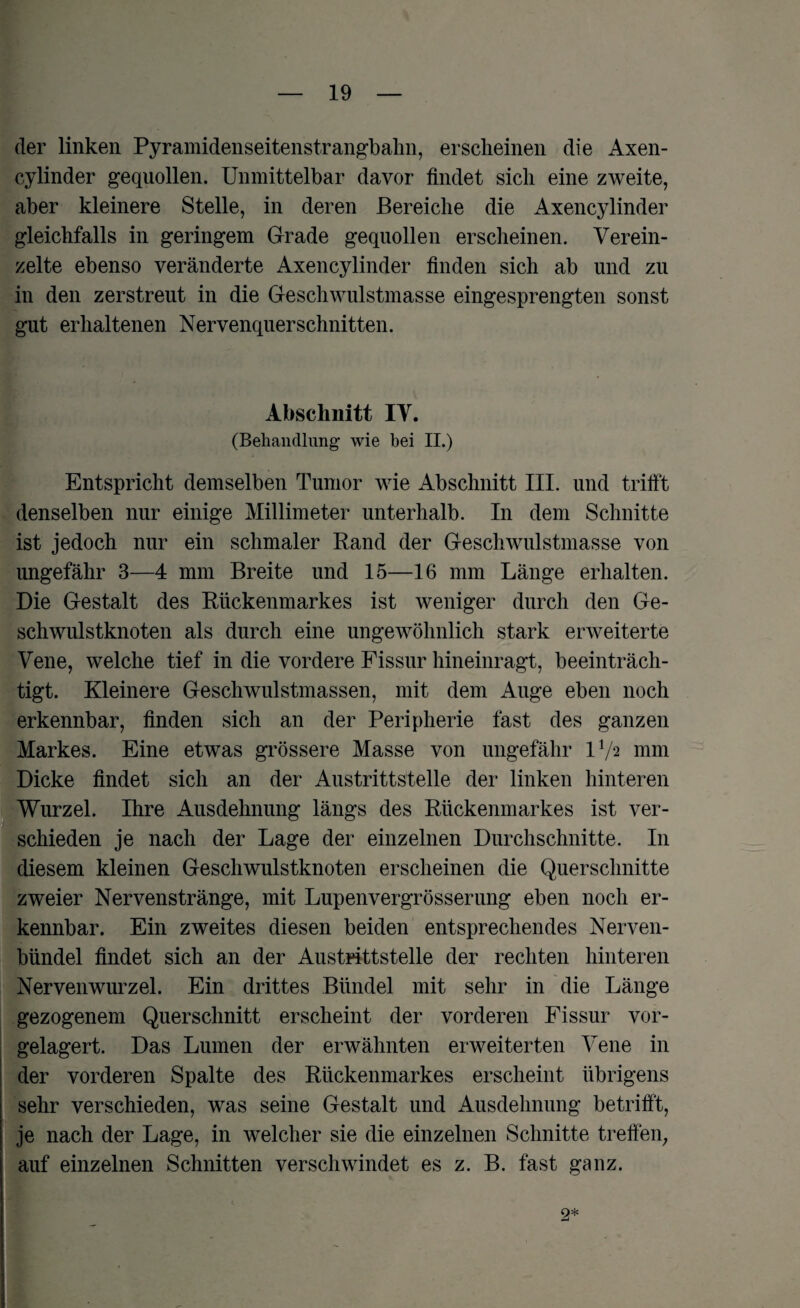 der linken Pyramidenseitenstrangbahn, erscheinen die Axen- cylinder gequollen. Unmittelbar davor findet sich eine zweite, aber kleinere Stelle, in deren Bereiche die Axencylinder gleichfalls in geringem Grade gequollen erscheinen. Verein¬ zelte ebenso veränderte Axencylinder finden sich ab und zu in den zerstreut in die Geschwulstmasse eingesprengten sonst gut erhaltenen Nervenquerschnitten. Abschnitt IV. (Behandlung wie hei II.) Entspricht demselben Tumor wie Abschnitt III. und trifft denselben nur einige Millimeter unterhalb. In dem Schnitte ist jedoch nur ein schmaler Rand der Geschwulstmasse von ungefähr 3—4 mm Breite und 15—16 mm Länge erhalten. Die Gestalt des Rückenmarkes ist weniger durch den Ge¬ schwulstknoten als durch eine ungewöhnlich stark erweiterte Vene, welche tief in die vordere Fissur hineinragt, beeinträch¬ tigt. Kleinere Geschwulstmassen, mit dem Auge eben noch erkennbar, finden sich an der Peripherie fast des ganzen Markes. Eine etwas grössere Masse von ungefähr U/a mm Dicke findet sich an der Austrittstelle der linken hinteren Wurzel. Ihre Ausdehnung längs des Rückenmarkes ist ver¬ schieden je nach der Lage der einzelnen Durchschnitte. In diesem kleinen Geschwulstknoten erscheinen die Querschnitte zweier Nervenstränge, mit Lupenvergrösserung eben noch er¬ kennbar. Ein zweites diesen beiden entsprechendes Nerven¬ bündel findet sich an der Austrittstelle der rechten hinteren Nervenwurzel. Ein drittes Bündel mit sehr in die Länge gezogenem Querschnitt erscheint der vorderen Fissur vor¬ gelagert. Das Lumen der erwähnten erweiterten Vene in der vorderen Spalte des Rückenmarkes erscheint übrigens sehr verschieden, was seine Gestalt und Ausdehnung betrifft, je nach der Lage, in welcher sie die einzelnen Schnitte treffen, auf einzelnen Schnitten verschwindet es z. B. fast ganz. 2*