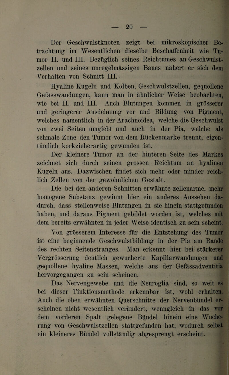 Der Geschwulstknoten zeigt bei mikroskopischer Be¬ trachtung im Wesentlichen dieselbe Beschaffenheit wie Tu¬ mor II. und III. Bezüglich seines Reichtumes an Geschwulst¬ zellen und seines unregelmässigen Baues nähert er sich dem Verhalten von Schnitt III. Hyaline Kugeln und Kolben, Geschwulstzellen, gequollene GefässWandungen, kann man in ähnlicher Weise beobachten, wie bei II. und III. Auch Blutungen kommen in grösserer und geringerer Ausdehnung vor und Bildung von Pigment, welches namentlich in der Arachnoidea, welche die Geschwulst von zwei Seiten umgiebt und auch in der Pia, welche als schmale Zone den Tumor von dem Rücken marke trennt, eigen¬ tümlich korkzieherartig gewunden ist. Der kleinere Tumor an der hinteren Seite des Markes zeichnet sich durch seinen grossen Reichtum an hyalinen Kugeln aus. Dazwischen findet sich mehr oder minder reich¬ lich Zellen von der gewöhnlichen Gestalt. Die bei den anderen Schnitten erwähnte zellenarme, mehr homogene Substanz gewinnt hier ein anderes Aussehen da¬ durch, dass stellenweise Blutungen in sie hinein stattgefunden haben, und daraus Pigment gebildet worden ist, welches mit dem bereits erwähnten in jeder Weise identisch zu sein scheint. Von grösserem Interesse für die Entstehung des Tumor ist eine beginnende Geschwulstbildung in der Pia am Rande des rechten Seitenstranges. Man erkennt hier bei stärkerer Vergrösserung deutlich gewucherte Kapillarwandungen und gequollene hyaline Massen, welche aus der Gefässadventitia hervorgegangen zu sein scheinen. Das Nervengewebe und die Neuroglia sind, so weit es bei dieser Tinktionsmethode erkennbar ist, wohl erhalten. Auch die oben erwähnten Querschnitte der Nervenbündel er¬ scheinen nicht wesentlich verändert, wenngleich in das vor dem vorderen Spalt gelegene Bündel hinein eine Wuche¬ rung von Geschwulstzellen stattgefunden hat, wodurch selbst ein kleineres Bündel vollständig abgesprengt erscheint.