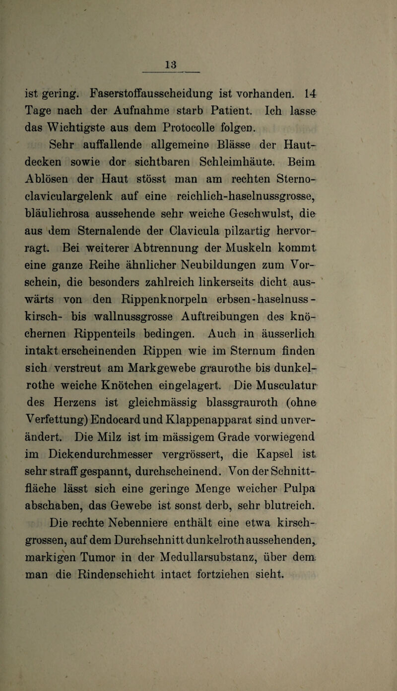 ist gering. Faserstoffausscheidung ist vorhanden. 14 Tage nach der Aufnahme starb Patient. Ich lasse das Wichtigste aus dem Protocolle folgen. Sehr auffallende allgemeine Blässe der Haut¬ decken sowie dor sichtbaren Schleimhäute. Beim Ablösen der Haut stösst man am rechten Sterno- claviculargelenk auf eine reichlich-haselnussgrosse, bläulichrosa aussehende sehr weiche Geschwulst, die aus dem Sternalende der Clavicula pilzartig hervor¬ ragt. Bei weiterer Abtrennung der Muskeln kommt eine ganze Reihe ähnlicher Neubildungen zum Vor¬ schein, die besonders zahlreich linkerseits dicht aus¬ wärts von den Rippenknorpeln erbsen-haselnuss - kirsch- bis wallnussgrosse Auftreibungen des knö¬ chernen Rippenteils bedingen. Auch in äusserlich intakt erscheinenden Rippen wie im Sternum finden sich verstreut am Markgewebe graurothe bis dunkel- rothe weiche Knötchen eingelagert. Die Musculatur des Herzens ist gleichmässig blassgrauroth (ohne Verfettung) Endocardund Klappenapparat sind unver¬ ändert. Die Milz ist im mässigem Grade vorwiegend im Dickendurchmesser vergrössert, die Kapsel ist sehr straff gespannt, durchscheinend. Von der Schnitt¬ fläche lässt sich eine geringe Menge weicher Pulpa abschaben, das Gewebe ist sonst derb, sehr blutreich. Die rechte Nebenniere enthält eine etwa kirsch¬ grossen, auf dem Durchschnitt dunkelrothaussehenden, markigen Tumor in der Medullarsubstanz, über dem man die Rindenschicht intact fortziehen sieht.