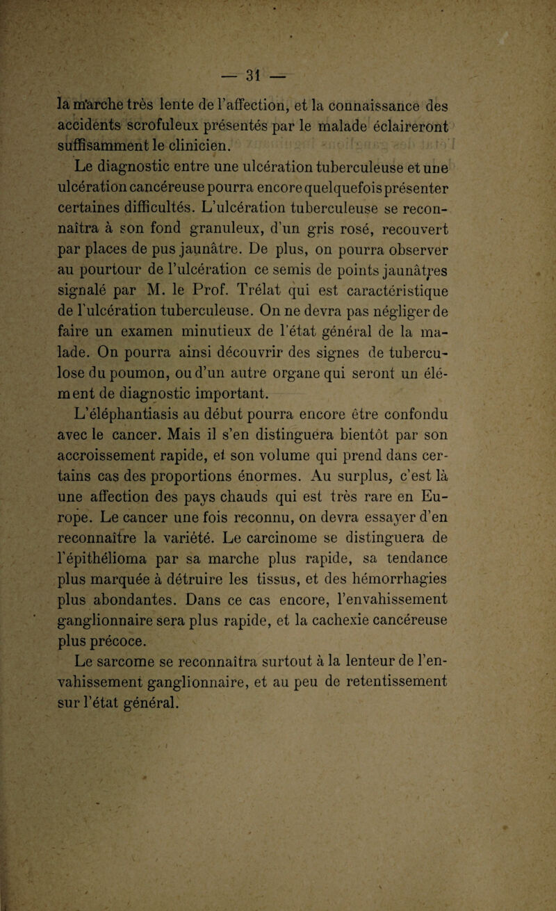 la m'arche très lente de l’affection, et la connaissance des accidents scrofuleux présentés par le malade éclaireront suffisamment le clinicien. Le diagnostic entre une ulcération tuberculeuse et une ulcération cancéreuse pourra encore quelquefois présenter certaines difficultés. L’ulcération tuberculeuse se recon¬ naîtra à son fond granuleux, d’un gris rosé, recouvert par places de pus jaunâtre. De plus, on pourra observer au pourtour de l’ulcération ce semis de points jaunâtres signalé par M. le Prof. Trélat qui est caractéristique de l’ulcération tuberculeuse. On ne devra pas négliger de faire un examen minutieux de l’état général de la ma¬ lade. On pourra ainsi découvrir des signes de tubercu¬ lose du poumon, ou d’un autre organe qui seront un élé¬ ment de diagnostic important. L’éléphantiasis au début pourra encore être confondu ♦ . avec le cancer. Mais il s’en distinguera bientôt par son accroissement rapide, et son volume qui prend dans cer¬ tains cas des proportions énormes. Au surplus, c’est là une affection des pays chauds qui est très rare en Eu¬ rope. Le cancer une fois reconnu, on devra essayer d’en reconnaître la variété. Le carcinome se distinguera de l’épithélioma par sa marche plus rapide, sa tendance plus marquée à détruire les tissus, et des hémorrhagies plus abondantes. Dans ce cas encore, l’envahissement ganglionnaire sera plus rapide, et la cachexie cancéreuse plus précoce. Le sarcome se reconnaîtra surtout à la lenteur de l’en¬ vahissement ganglionnaire, et au peu de retentissement sur l’état général.